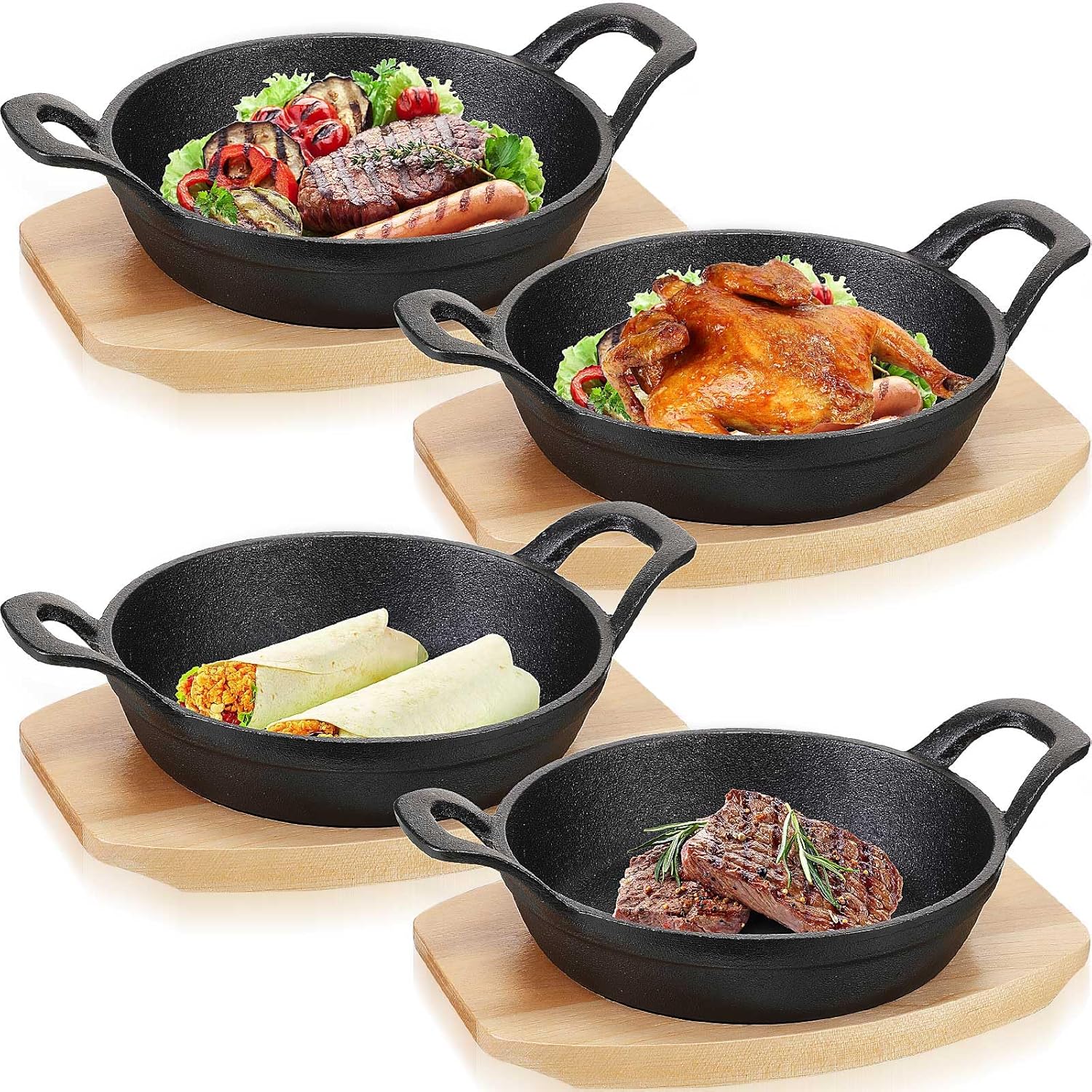 Sliner 4 juegos de mini sartén de hierro fundido, mini platos chisporroteadores con base de madera, sartén pequeña redonda de hierro fundido Fajita,