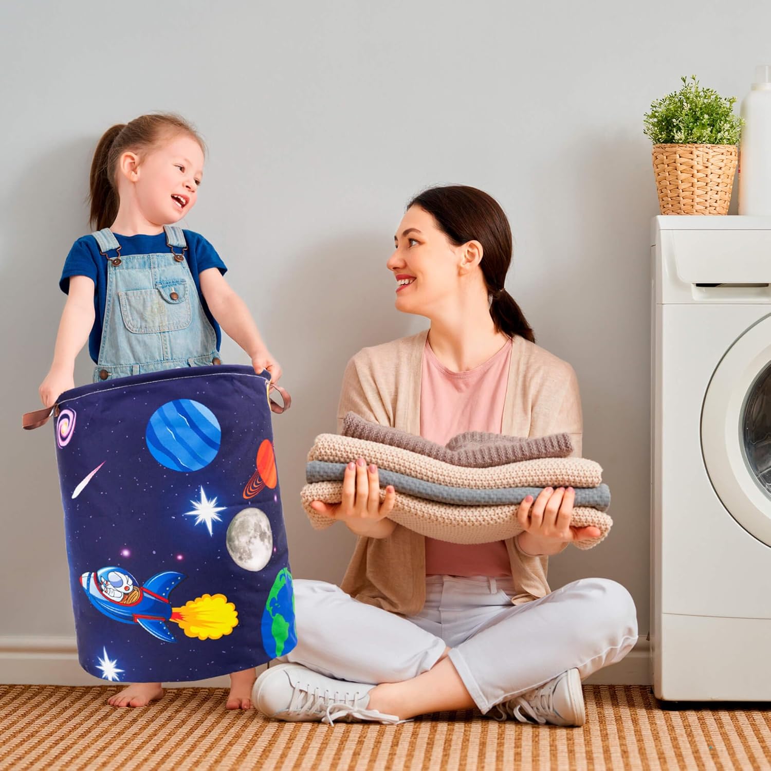 Cesta de lavandería para niños, tema de cohete espacial de astronauta, impermeable, plegable con asas, cesta de lona para cuarto de bebé de 45 L,