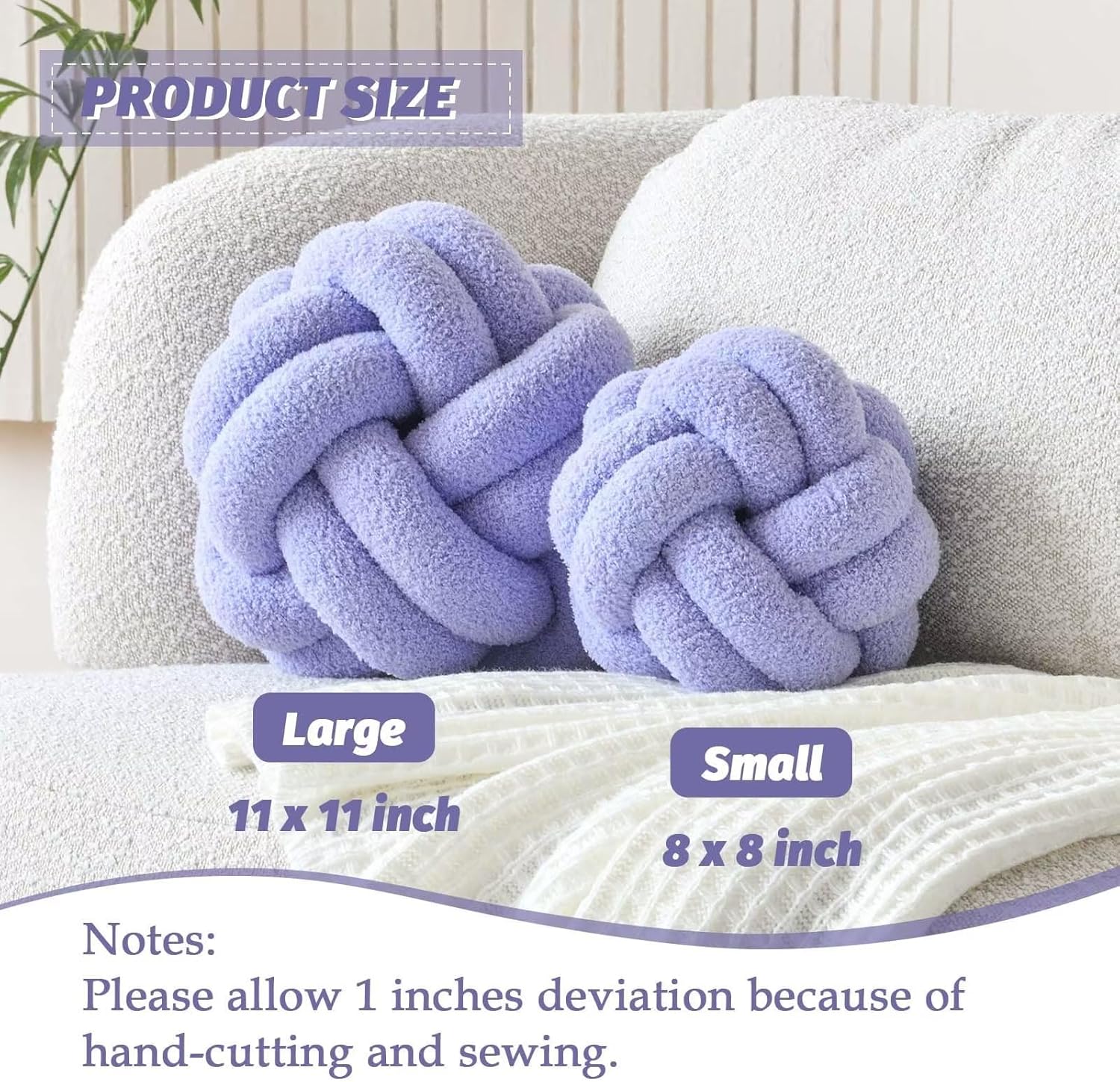VBGYA Almohadas decorativas de 8 pulgadas con nudo, almohadas decorativas de lavanda de 8 pulgadas, almohadas pequeñas y redondas de felpa anudadas,