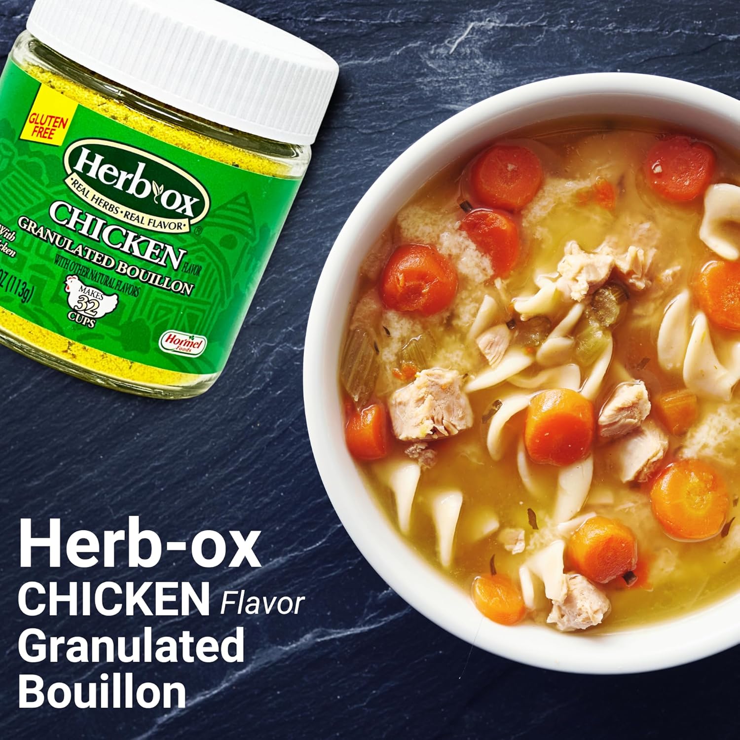 Paquete de polvo de caldo de pollo Herb Ox con (2) frascos de 4 onzas de gránulos de caldo de pollo sin gluten Herbox y (1) Una cuchara medidora