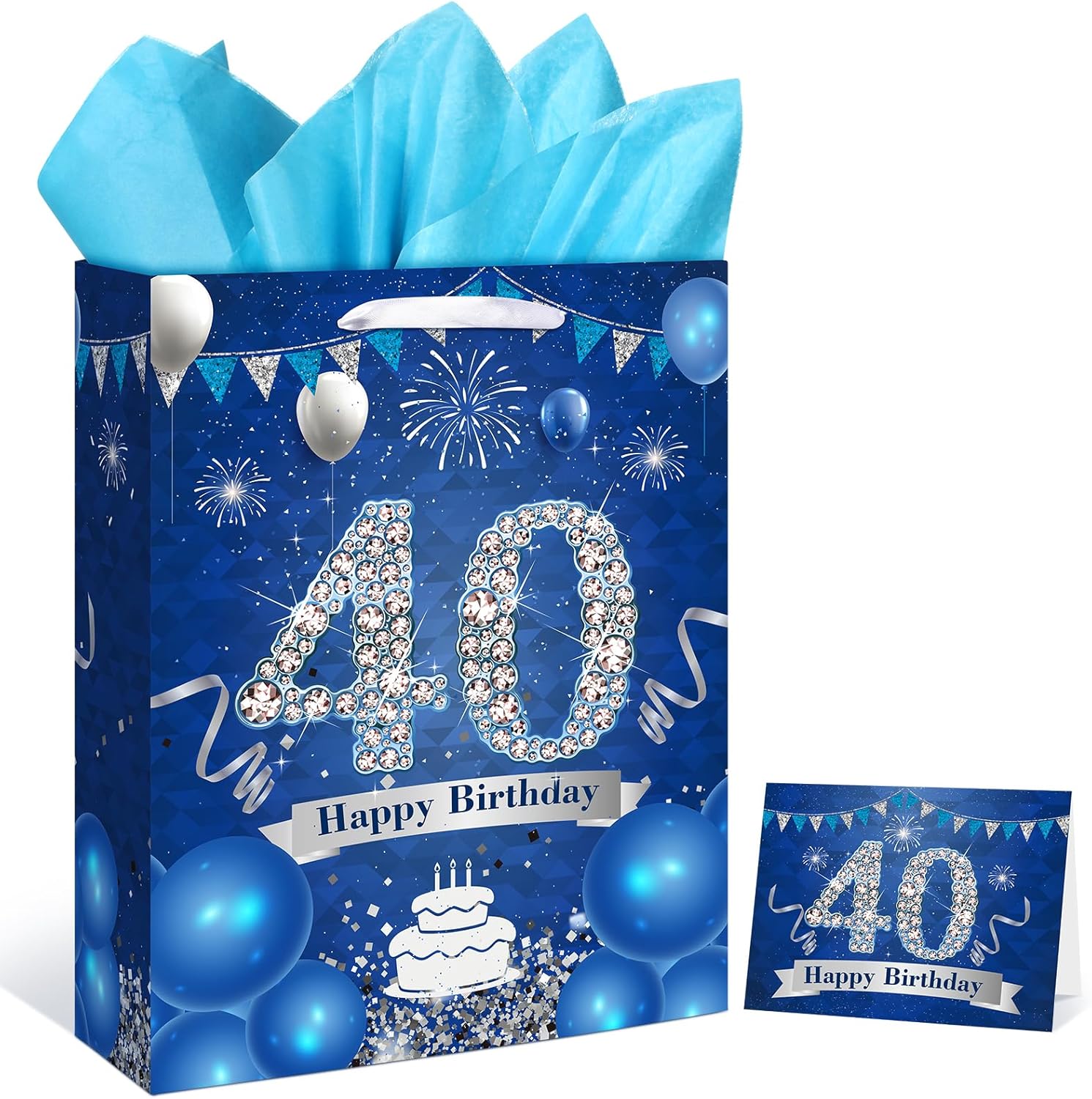 Bolsa de regalo de cumpleaños de 40 años, color azul marino y plateado, bolsa de regalo de 40 cumpleaños con papel de seda y tarjeta, bolsa azul