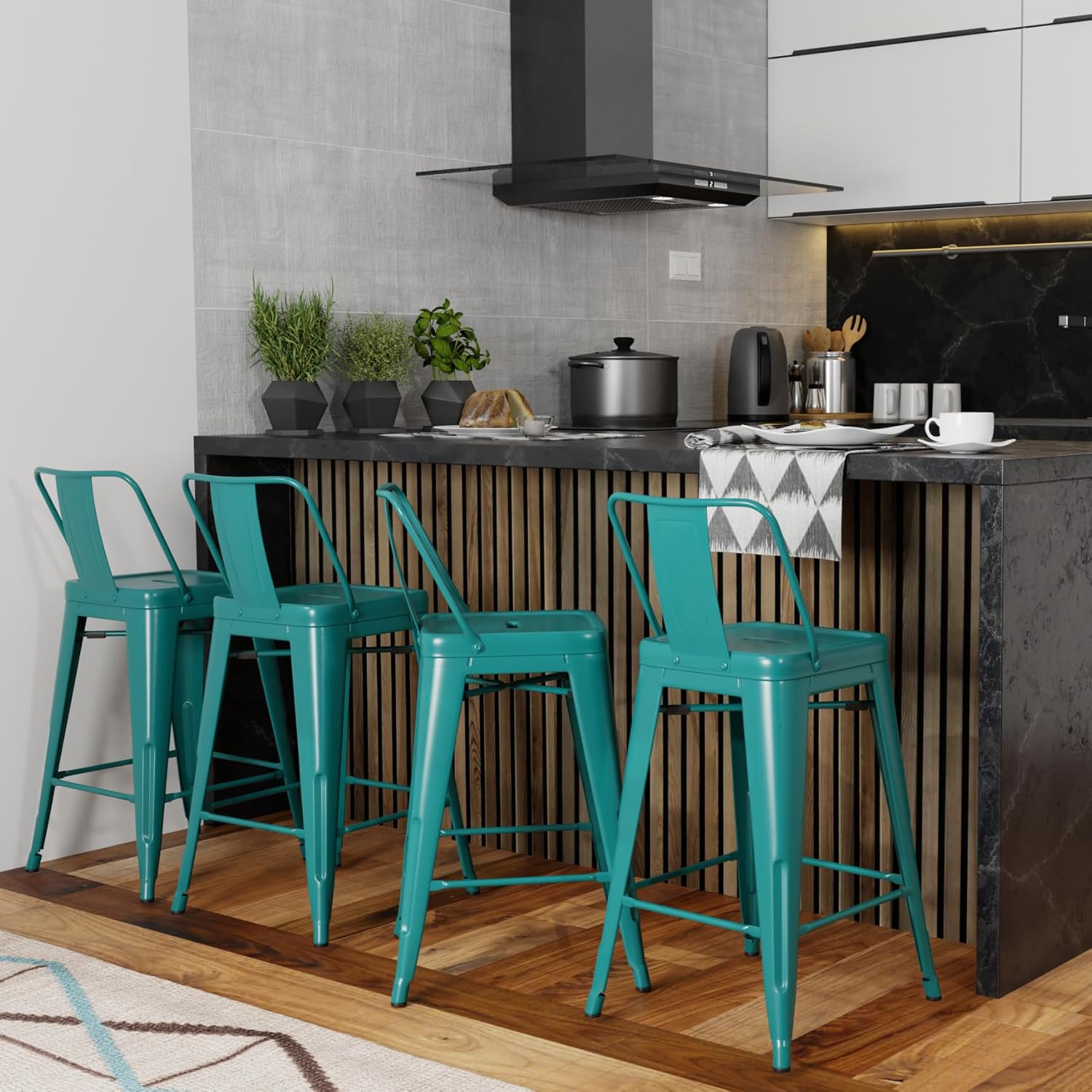SIMPLIHOME Rayne Taburete de 24 pulgadas de altura de mostrador, de metal azul turquesa, cuadrado, juego de 4, para la cocina y el comedor,