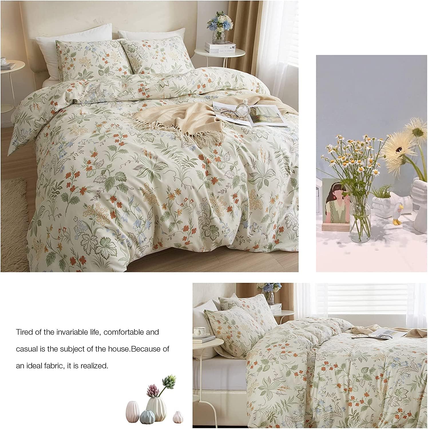 Juego de funda de edredón estilo jardín, diseño floral, tamaño individual, elegante, con hojas, flores y ramas, de algodón, estético, color blanco,