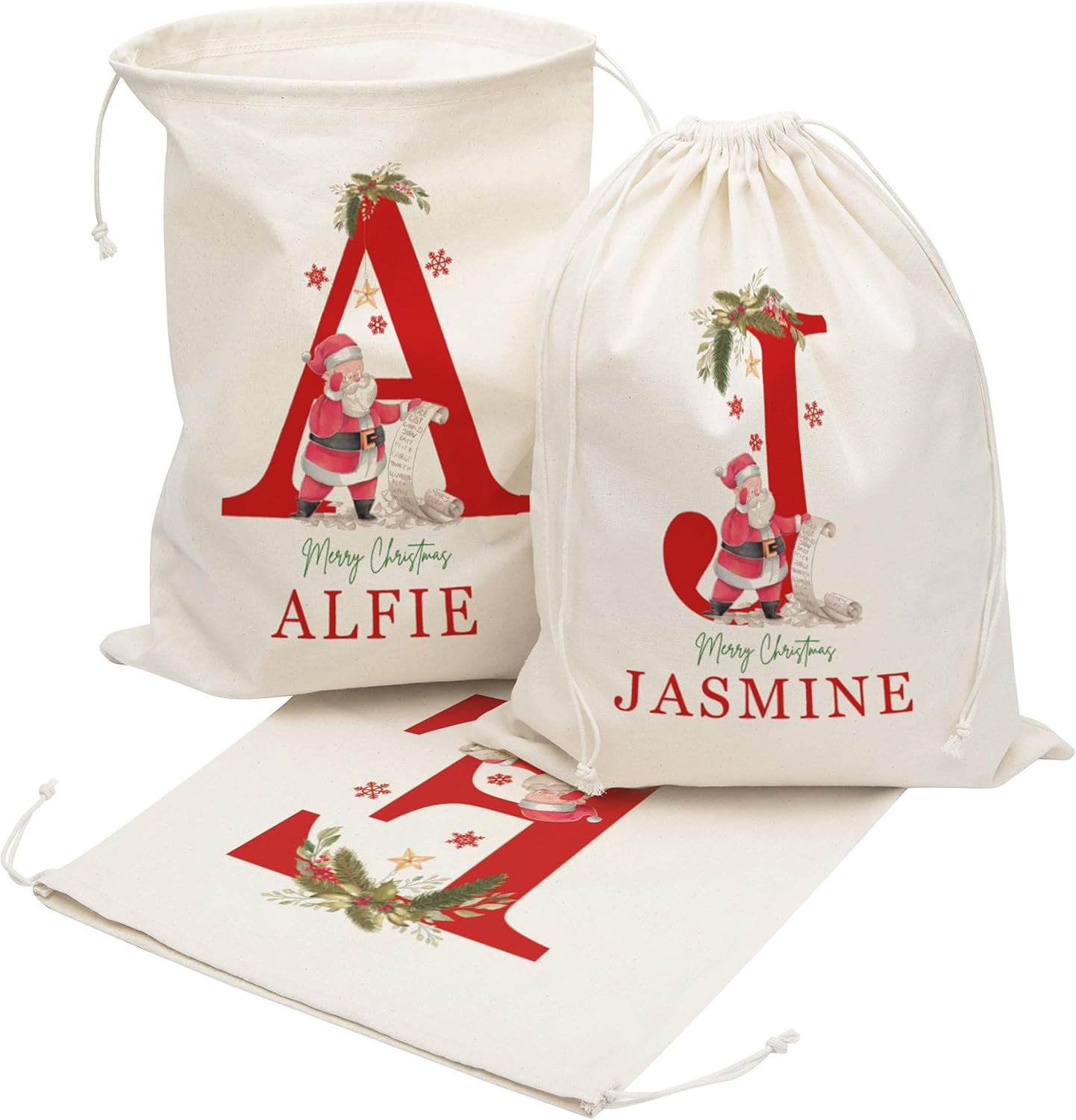 Saco de Papá Noel personalizado con inicial y nombre para niños, bolsas de regalo de Navidad personalizadas para regalos de vacaciones, caja de