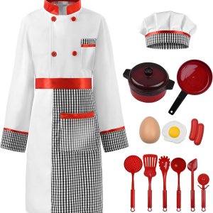 ReliBeauty Conjunto de disfraz de chef para niños y niñas, juego de rol con delantal desmontable ReliBeauty Conjunto de disfraz de chef para niños y niñas, juego de rol con delantal desmontable