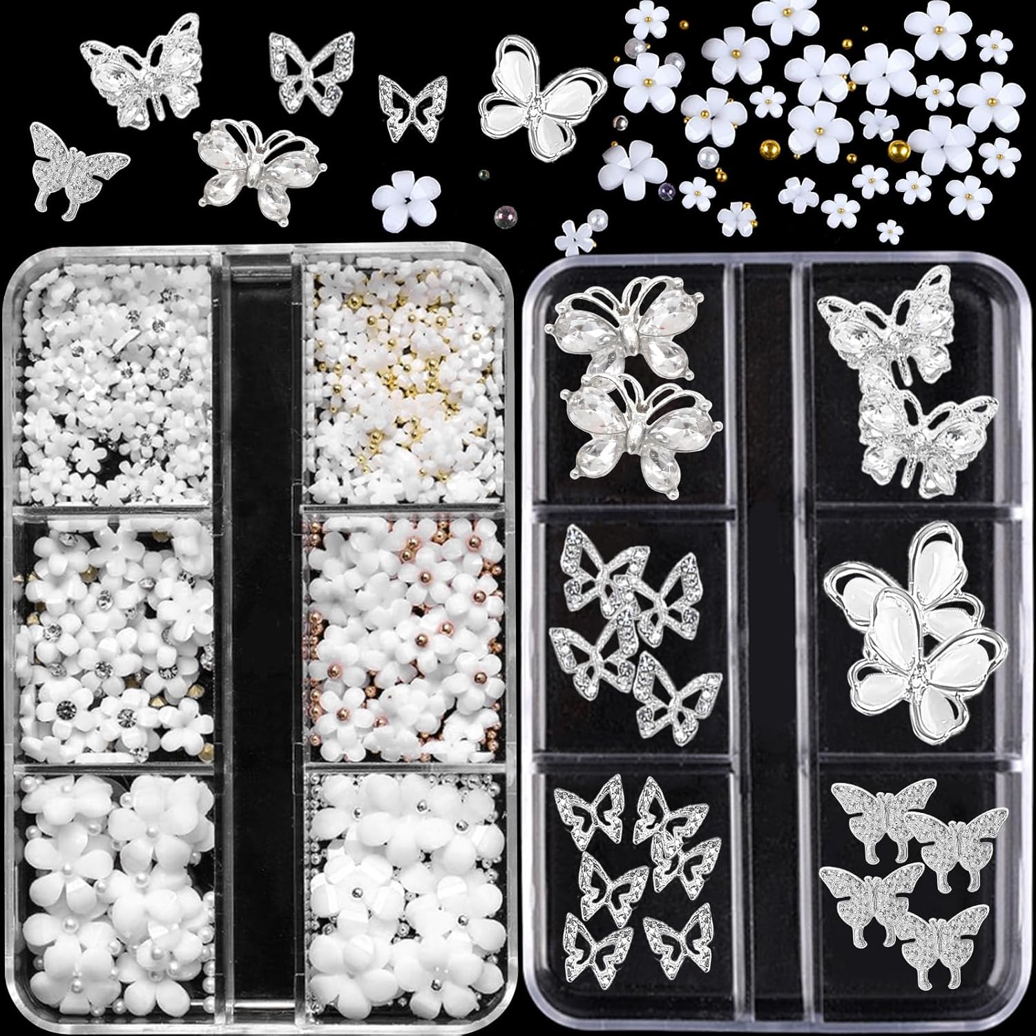 Kit de dijes para arte de uñas con flores blancas acrílicas 3D, 20 piezas de dijes de mariposa de metal con formas mixtas, diamantes de imitación