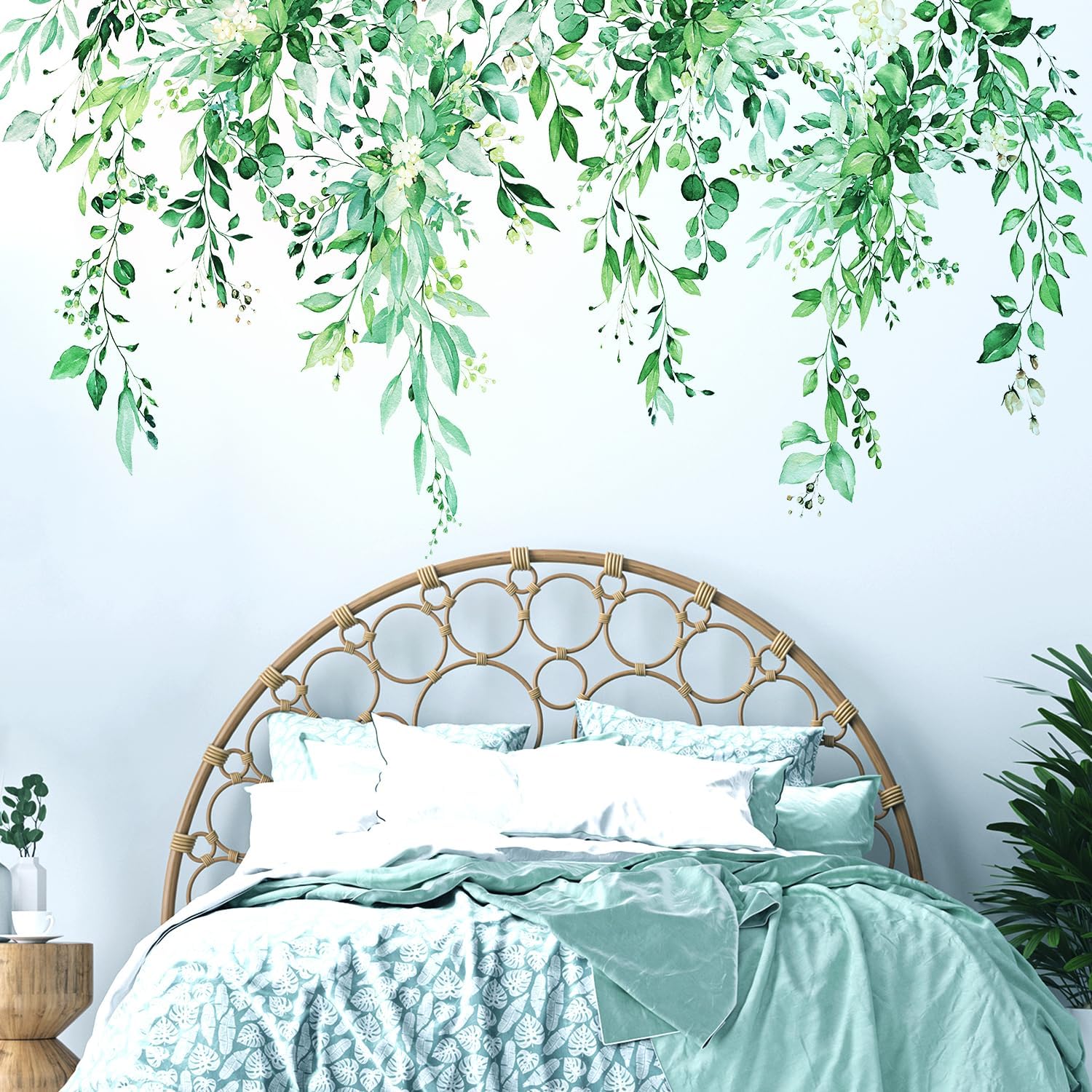VePret Calcomanías de pared de hojas de plantas verde esmeralda, calcomanías de vinilo de flores grandes, calcomanías de pared de vid extraíbles,