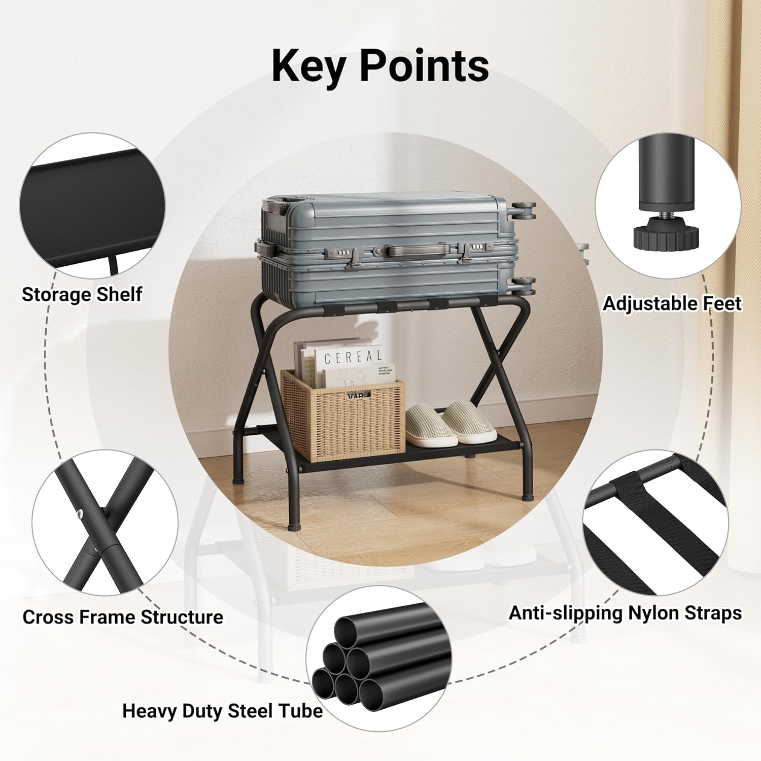 Dunatou Portaequipajes plegable de acero con estante de almacenamiento, soporte de equipaje de acero para habitación de invitados, hotel,
