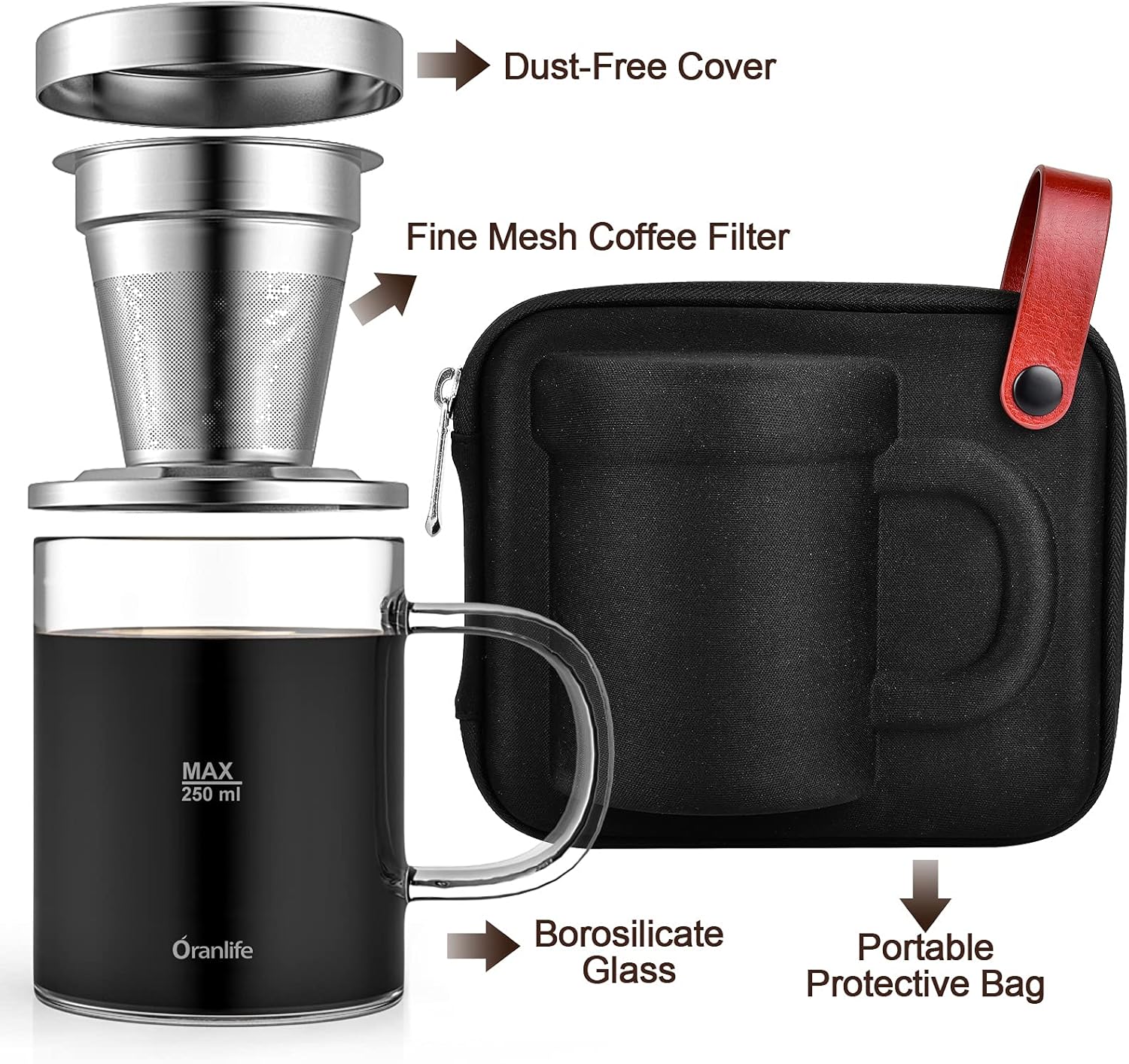 Oranlife Juego de cafetera para viajescampamentossenderismo, taza individual, filtro de café de acero inoxidable, taza de vidrio de borosilicato de