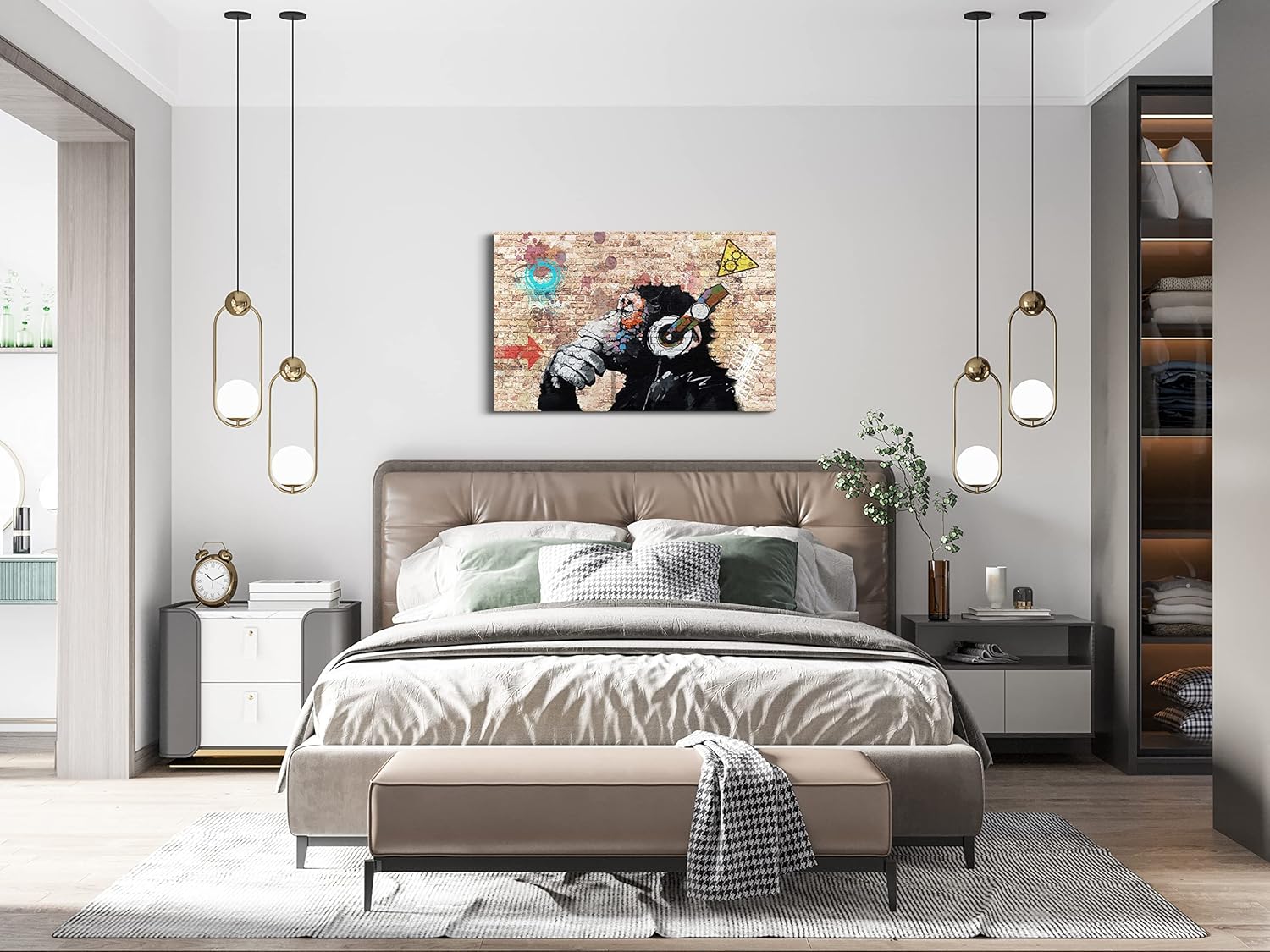 Lienzo decorativo de pared de graffiti, Banksy, impresión artística de monos pensantes con auriculares, pintura artística de arte pop Street