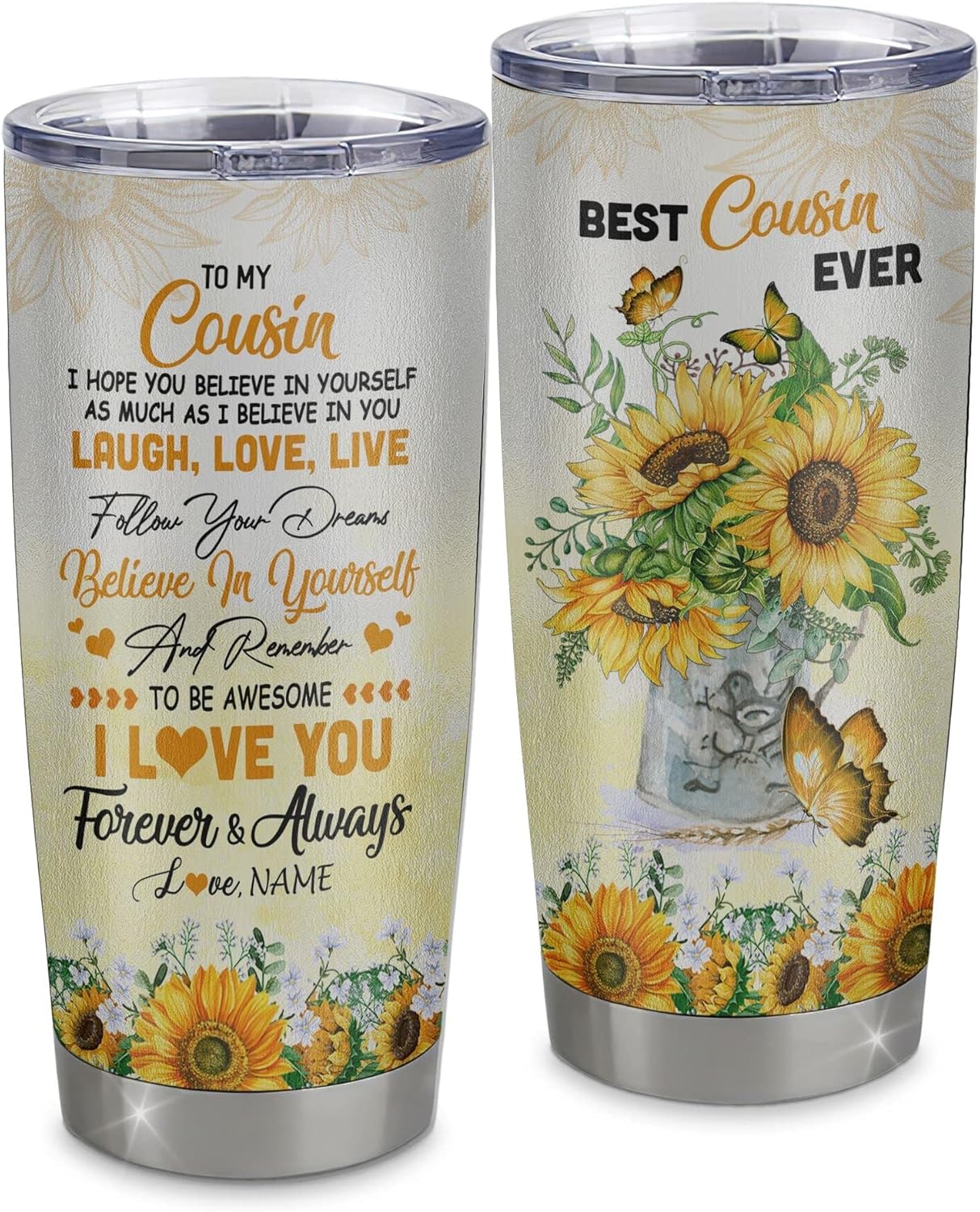 TeesNow Vaso de acero inoxidable personalizado con texto en inglés “To My Cousin From Family”, vaso curvo de 20 onzas con diseño de mariposa y