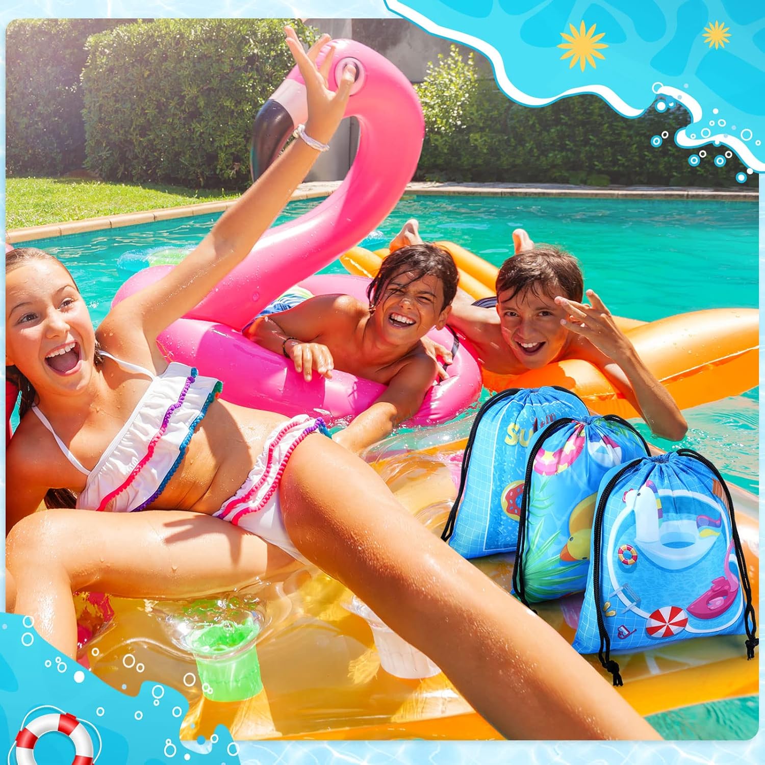 12 bolsas de fiesta de verano en la piscina, con cordón, bolsa de playa, bolsas de regalo, bolsas de regalo de tiburón de playa, suministros de