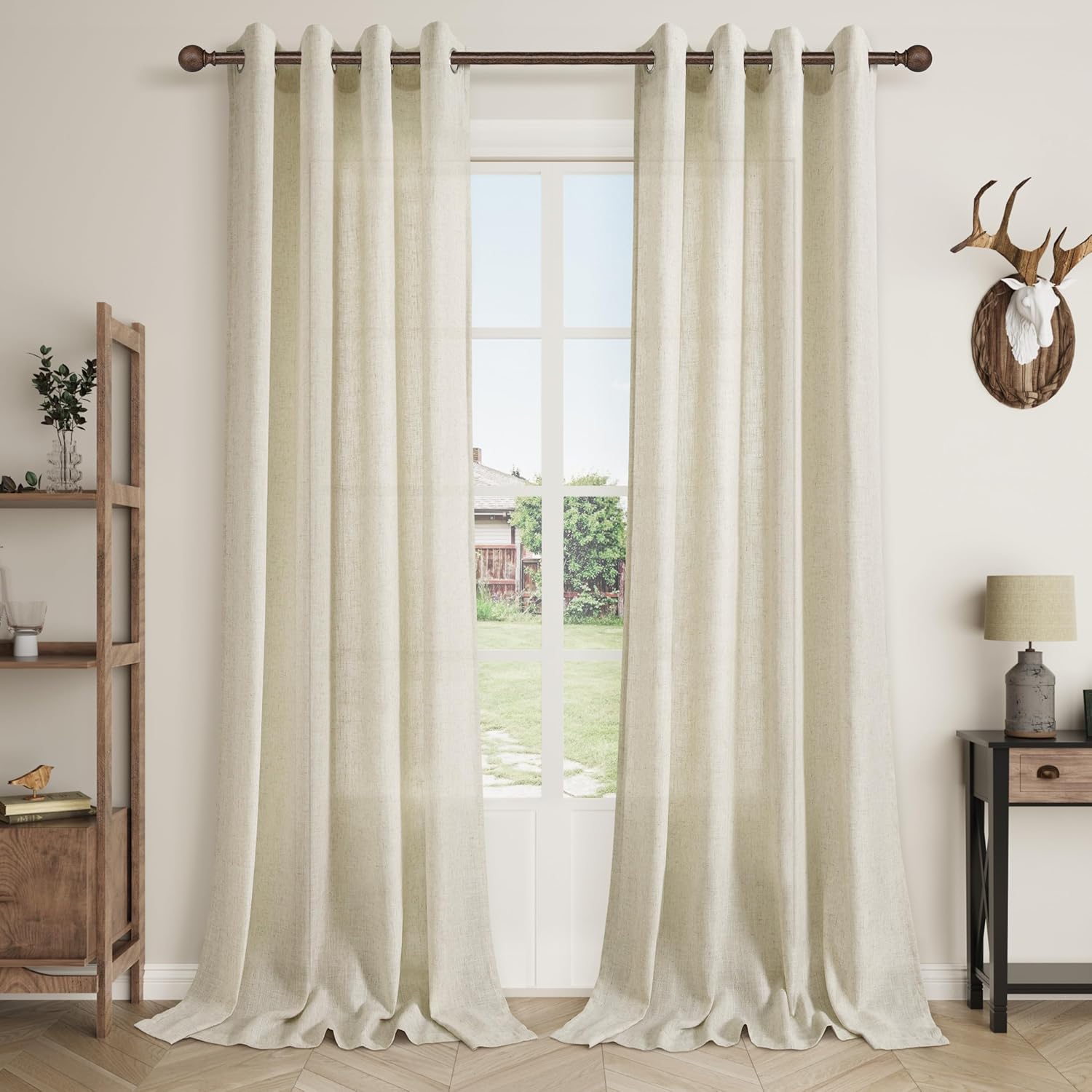 Cortinas de lino beige de 96 pulgadas de largo para dormitorio, cortinas de lino semitraslúcidas que filtran la luz, para sala de estar, casa rural