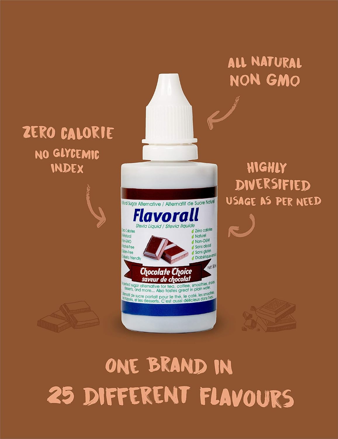 Flavorall Stevia saborizada de 1.7 fl oz, elección de chocolate, 30 sabores, gotas líquidas de stevia, edulcorante cero calorías, gotas de stevia