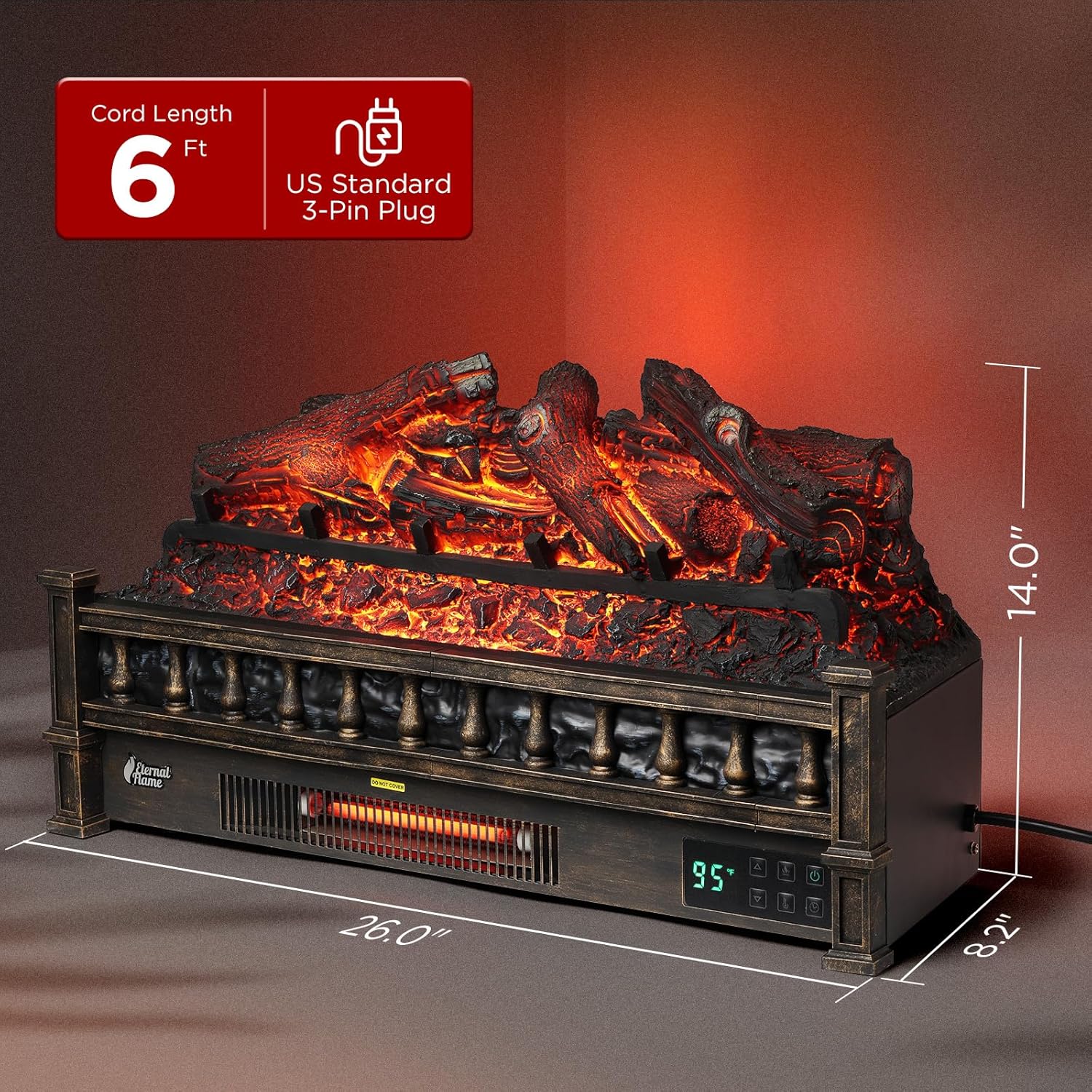 TURBRO Eternal Flame – Calentador eléctrico de cuarzo infrarrojo WiFi de 26 pulgadas con sonido crujiente, troncos de madera de limón realistas,