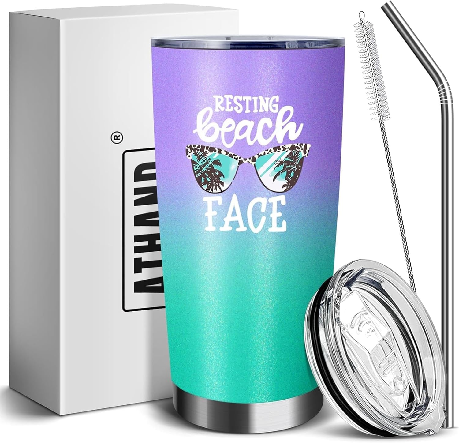 Vasos aislados de 20 onzas con tapa y pajilla, cara de playa en reposo, doble pared, acero inoxidable, vaso de vino al vacío, para café, vino, taza