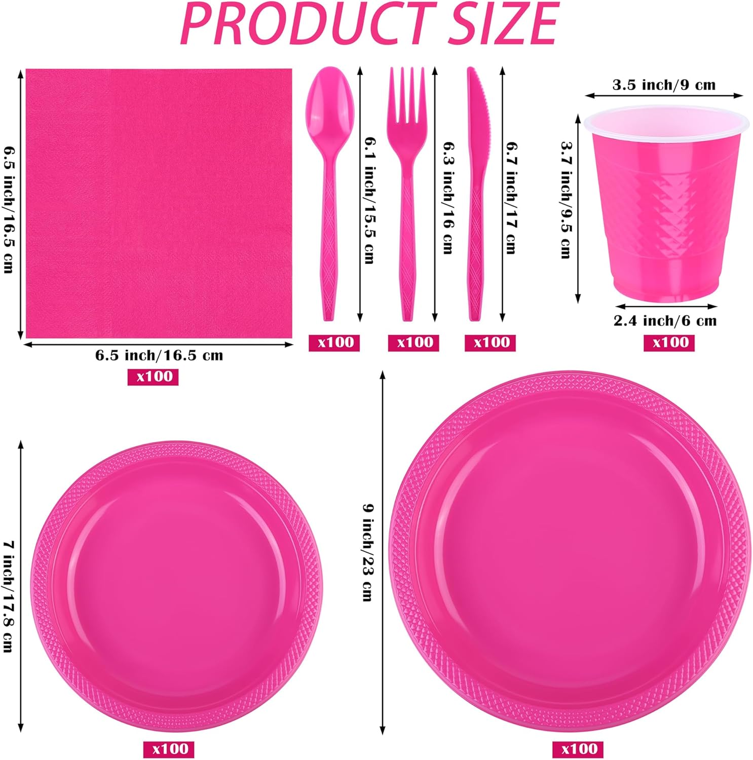 ADXCO Juego de vajilla desechable de 700 piezas, color rosa intenso, incluye platos de plástico, vasos, cuchillos, tenedores, cucharas, servilletas
