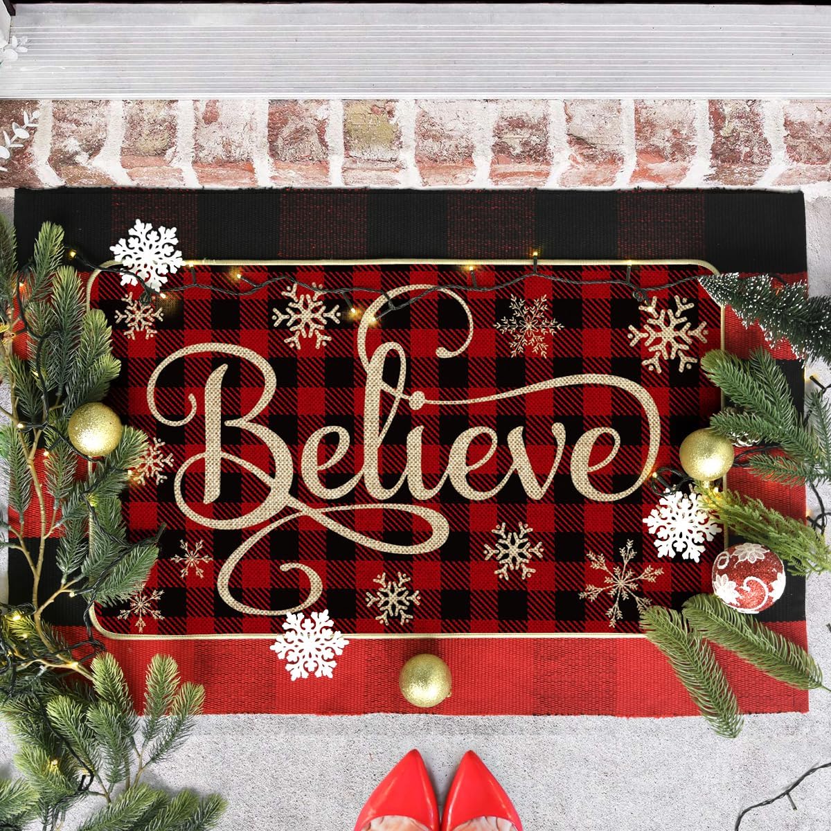 Artoid Mode Buffalo Plaid Snowflake Believe – Felpudo decorativo de bajo perfil, para interiores y exteriores, 17 x 29 pulgadas