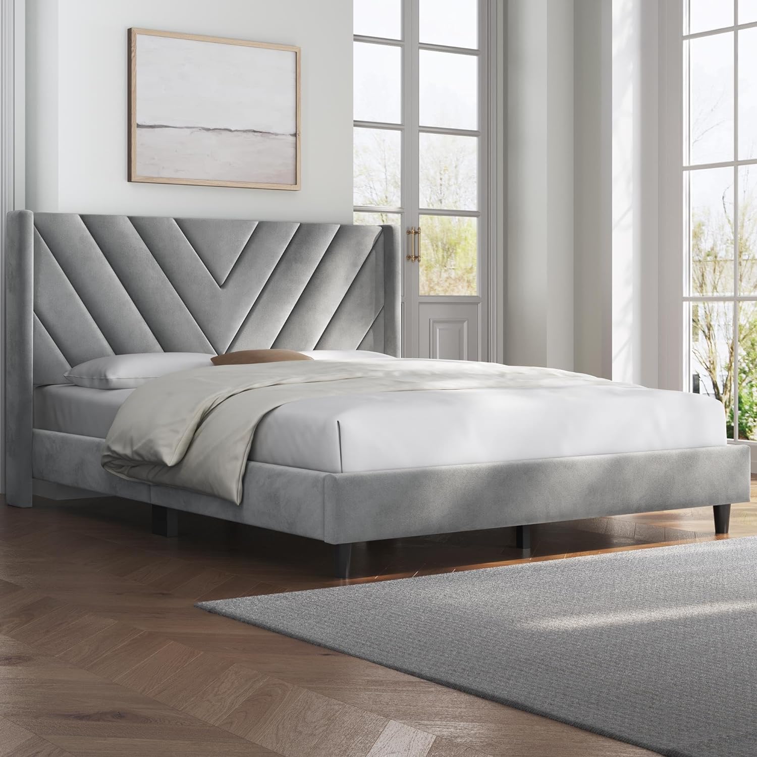 Yaheetech Base de cama Queen con plataforma tapizada con lado de alasoporte de listones de maderacabecera capitonada con lado de alabase de