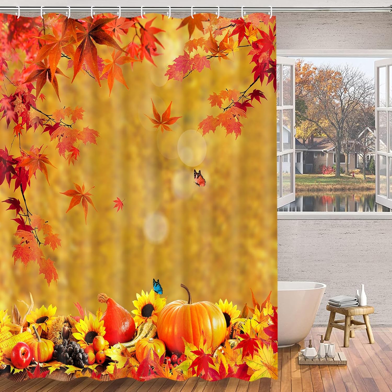 Juego de cortinas de ducha de Acción de Gracias, hojas de arce, juegos de baño de otoño con cortina de ducha y alfombras, cortina de ducha de