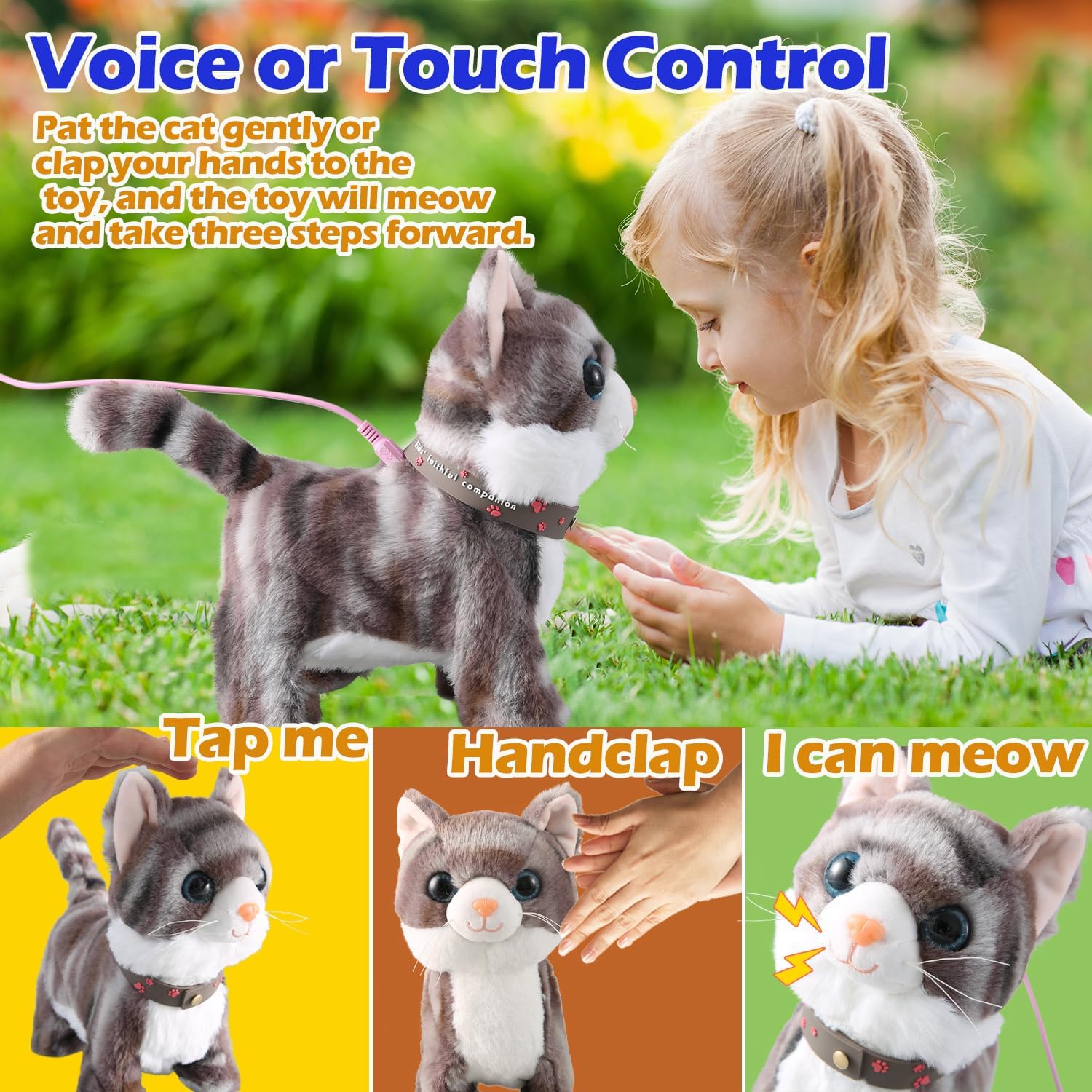 Juego de gato con correa gris que camina cantando que ronronea y maulla, robot de peluche animado, gatito en movimiento, animal de peluche realista