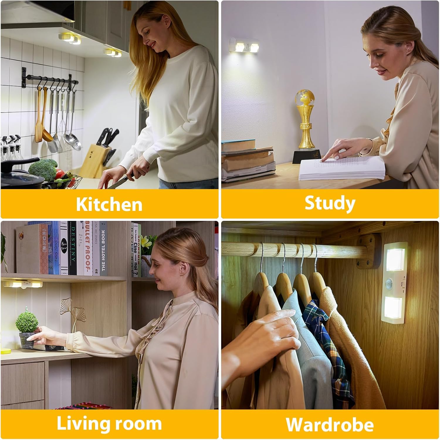 Paquete de 2 luces LED con sensor para armario, luces debajo del gabinete, iluminación de contador de ángulo ajustable, funciona con pilas, se pega