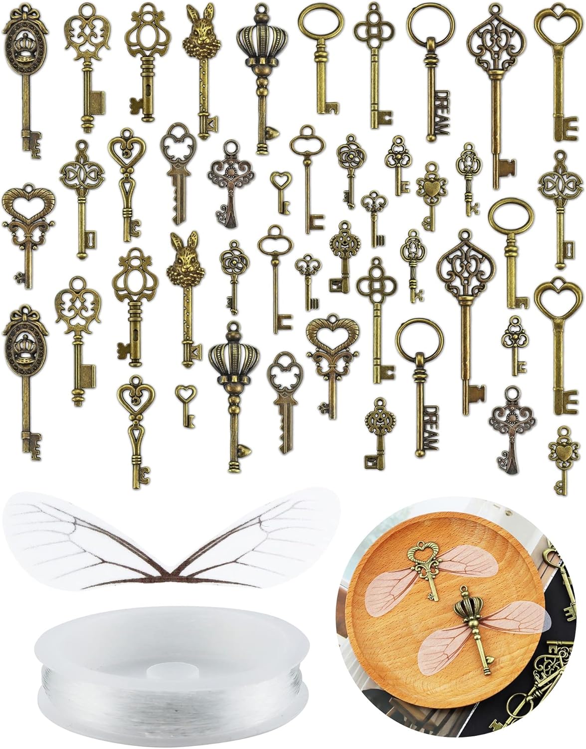 46 piezas de llaves de esqueleto vintage con 50 pares de alas de libélula y cuerda elástica de cristal de 30 yardas para hacer joyas, bodas,