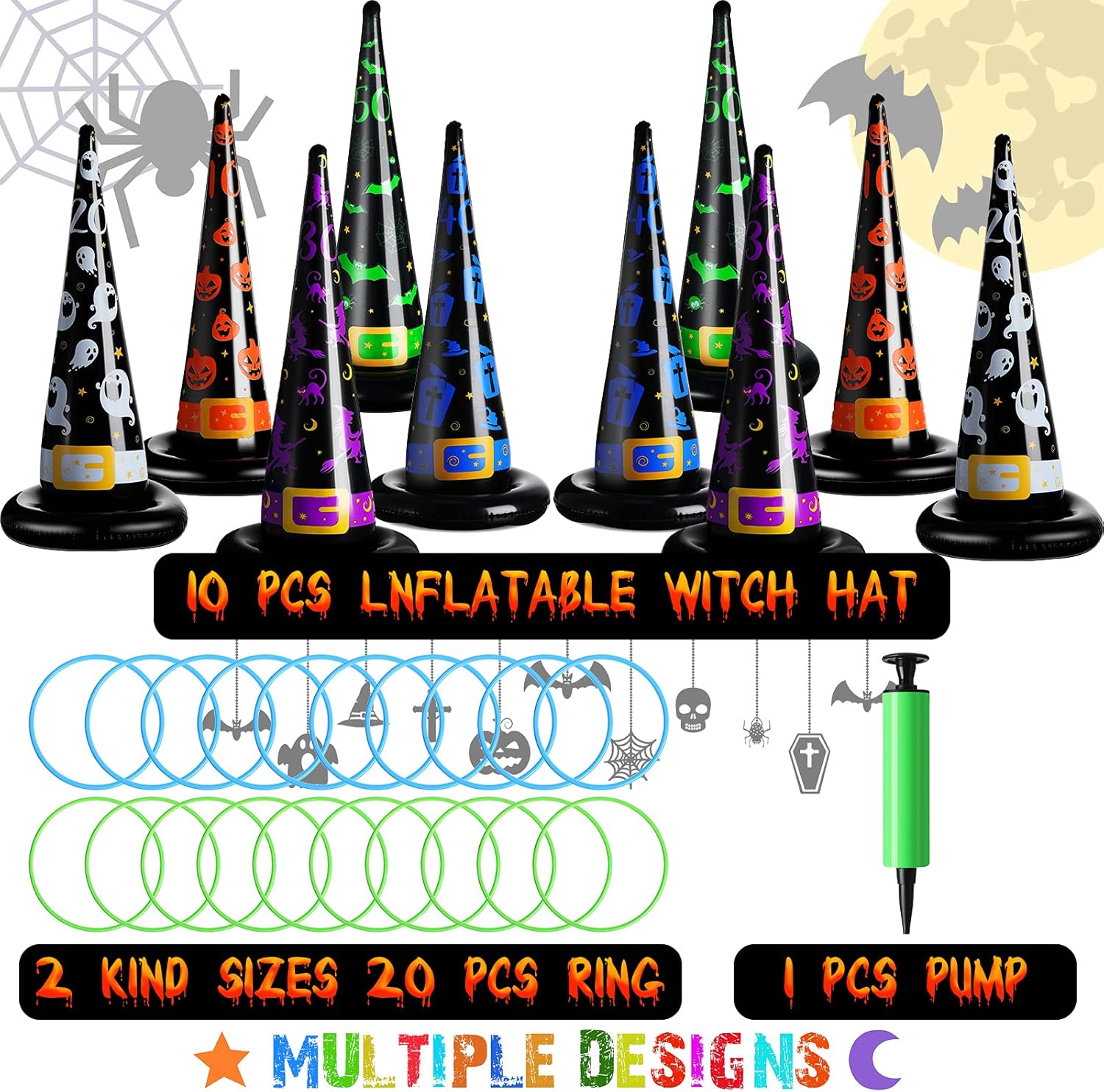 31 piezas de juegos de fiesta de Halloween, juego de lanzamiento de anillos de Halloween, sombrero de bruja inflable, incluye 10 sombreros de bruja
