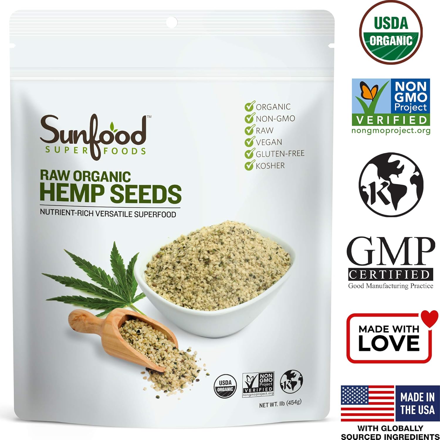 Sunfood Superfoods Semillas de cáñamo sin cáscara. Crudas, orgánicas, sin OMG. Valor a granel. Ricas en proteínas, aminoácidos, grasas vegetales