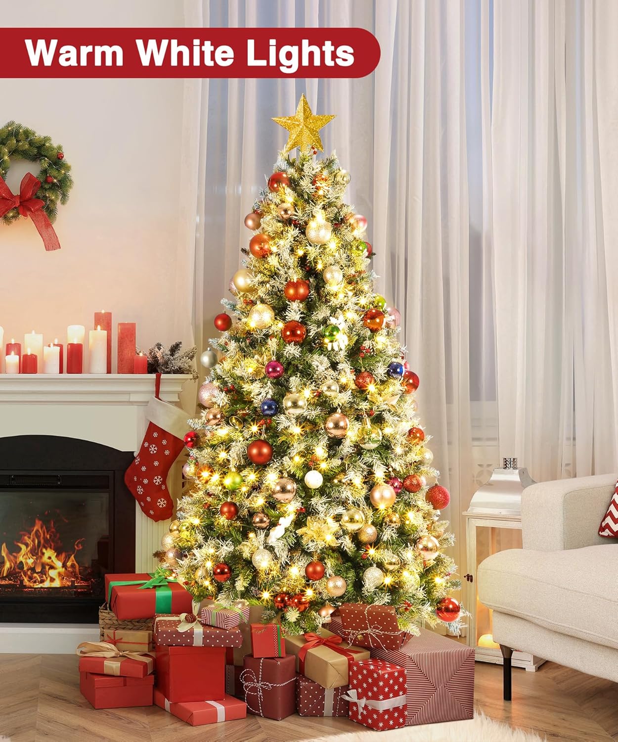 Árbol de Navidad artificial preiluminado de 6 pies, pinos de Navidad con 250 luces blancas cálidas, 818 puntas de rama, 58 bayas, bolsa de