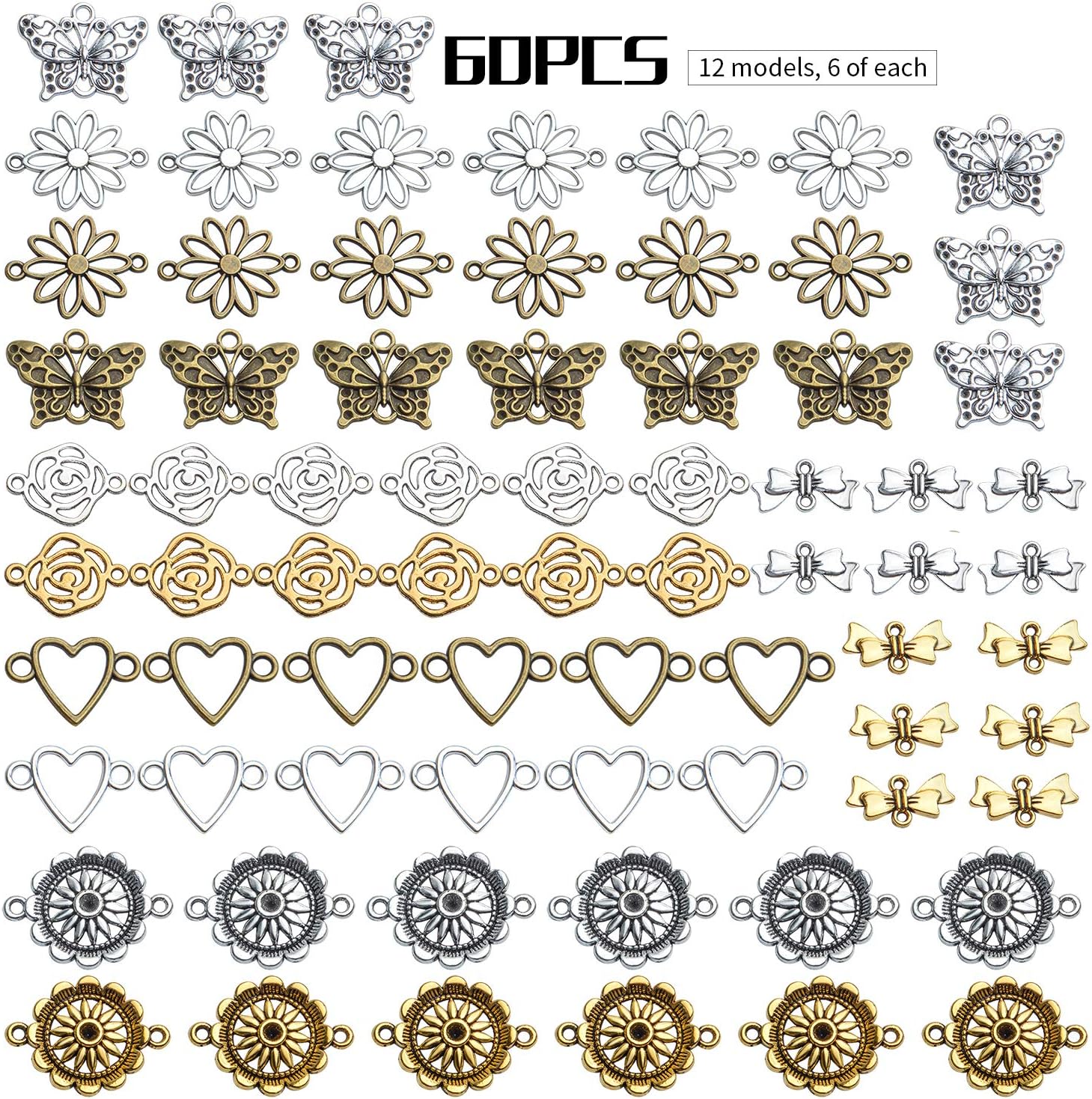60 piezas de suministros de manualidades con forma de corazón y flores, dijes de eslabones con 2 agujeros para pulseras y joyería, 6 estilos, Plata,