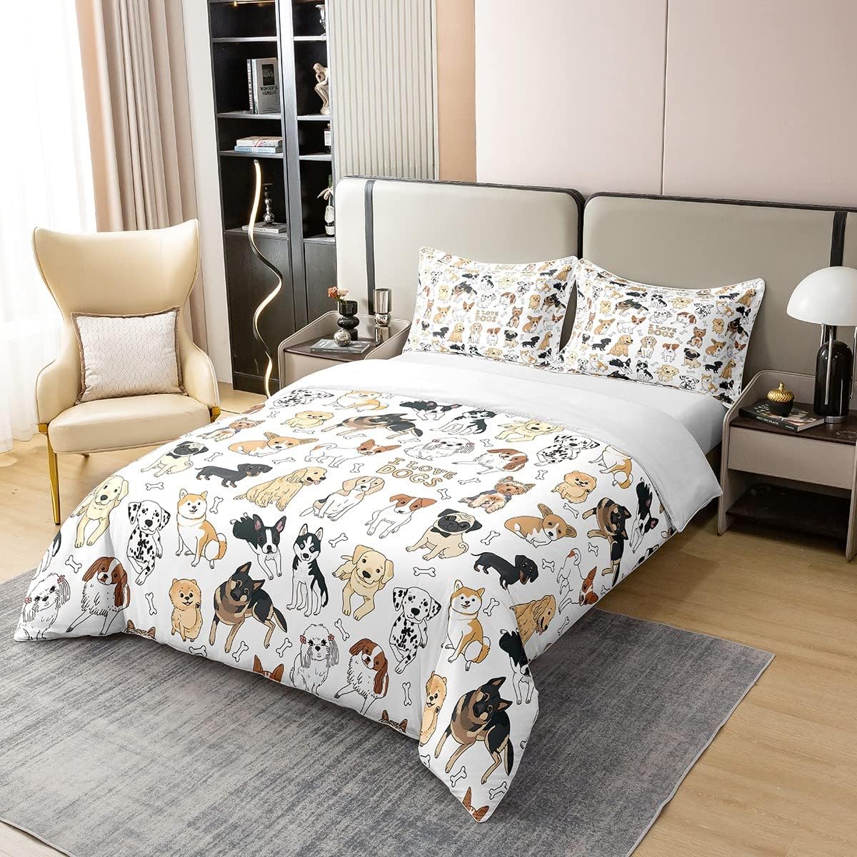 Juego de funda de edredón de perro 100% algodón natural con texto en inglés “I Love Dogs”, juego de ropa de cama con diseño de pug corgi shiba