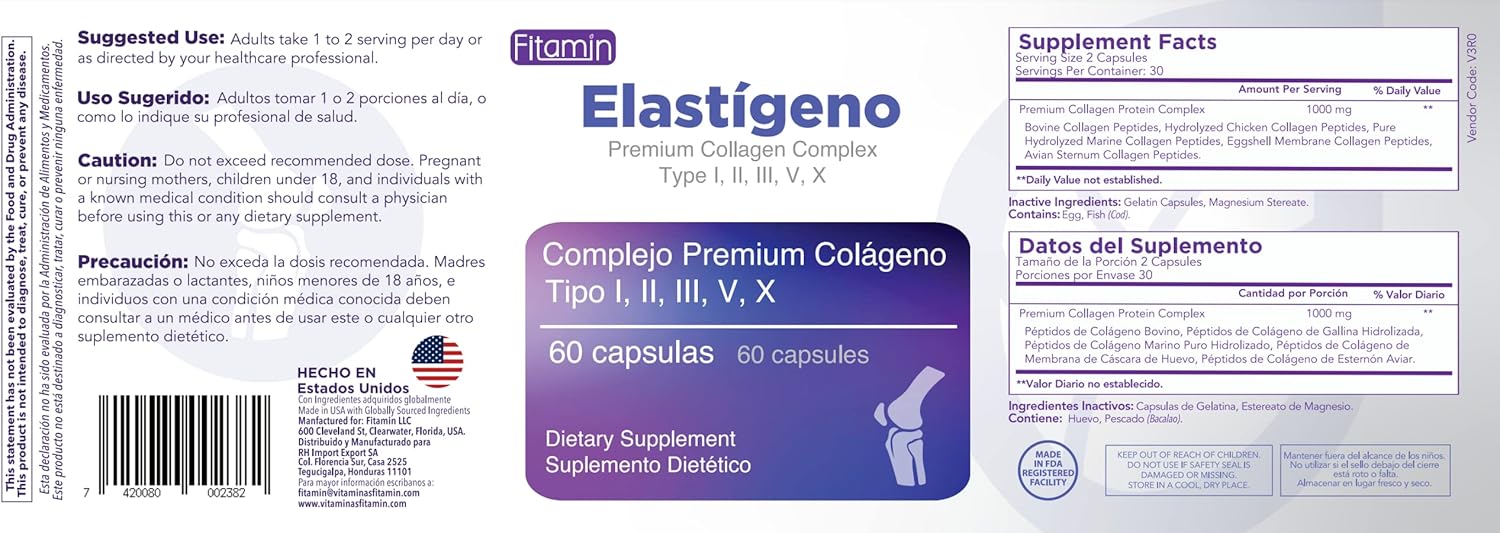 Elastigeno Premium Collagen Complex 500mg Cápsulas – 60ct