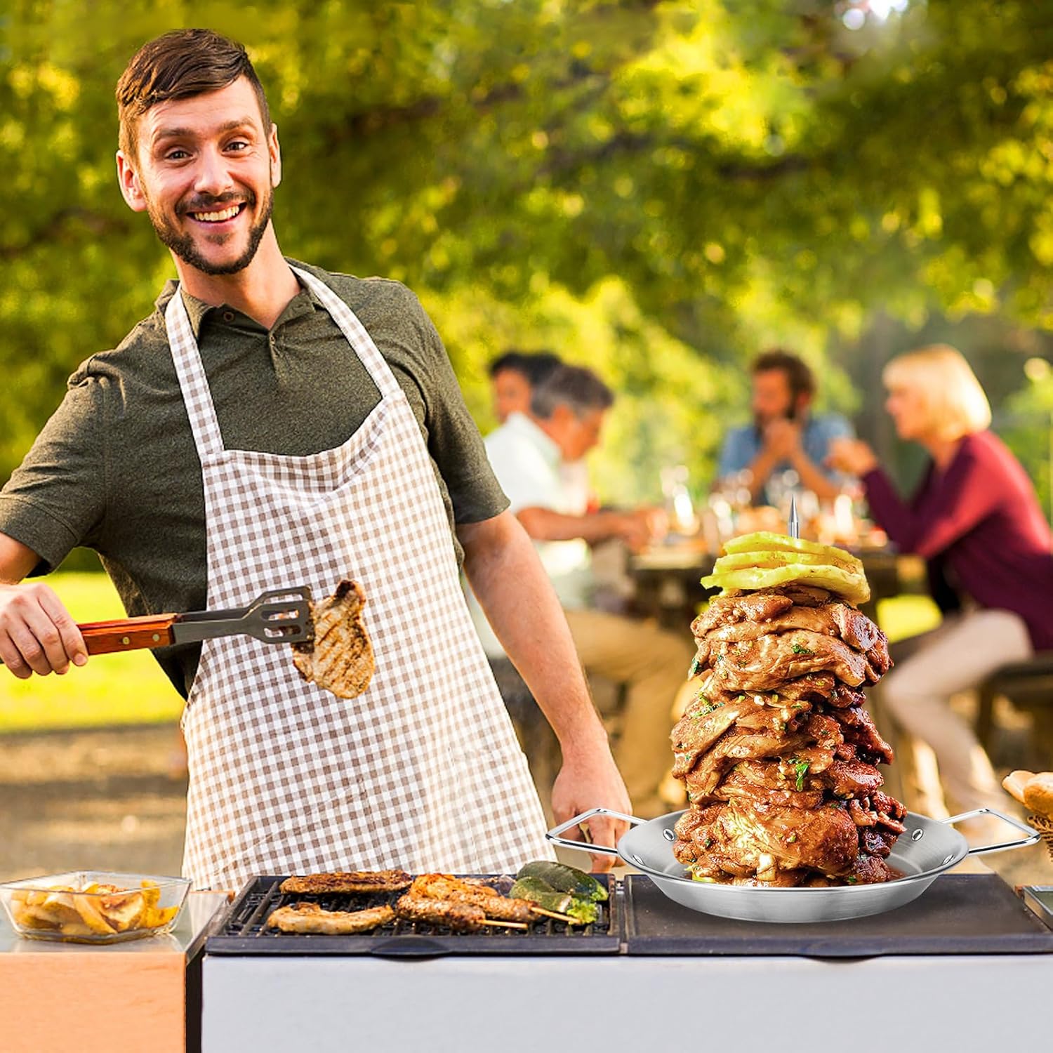 Brocheta vertical para barbacoa, brocheta Al Pastor para parrilla, pincho grueso de acero inoxidable para barbacoa para soporte vertical con 3 picos