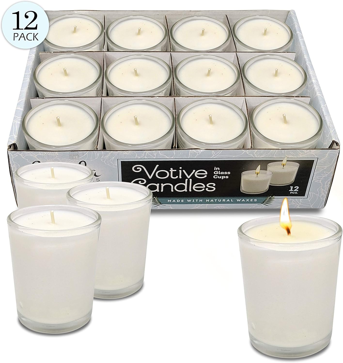 Hyoola Velas votivas blancas en vidrio, paquete de 12 velas votivas, tiempo de combustión de 24 horas, velas votivas sin perfume, votivas de vidrio