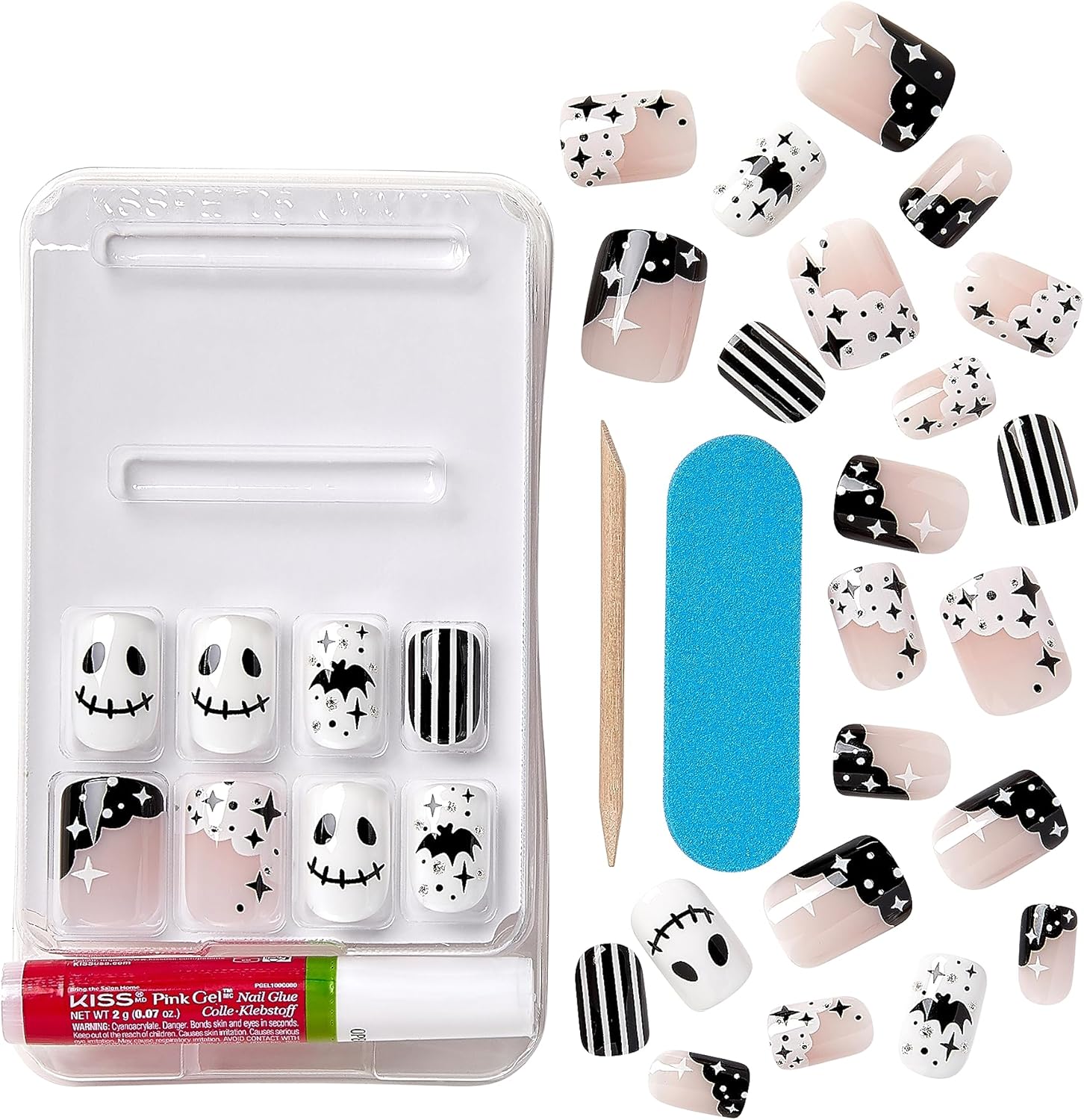 KISS Voguish Fantasy – Uñas de Halloween, color blanco y negro, longitud corta, forma cuadrada, pegamento de uñas de gel rosa (0.07 oz), lima de