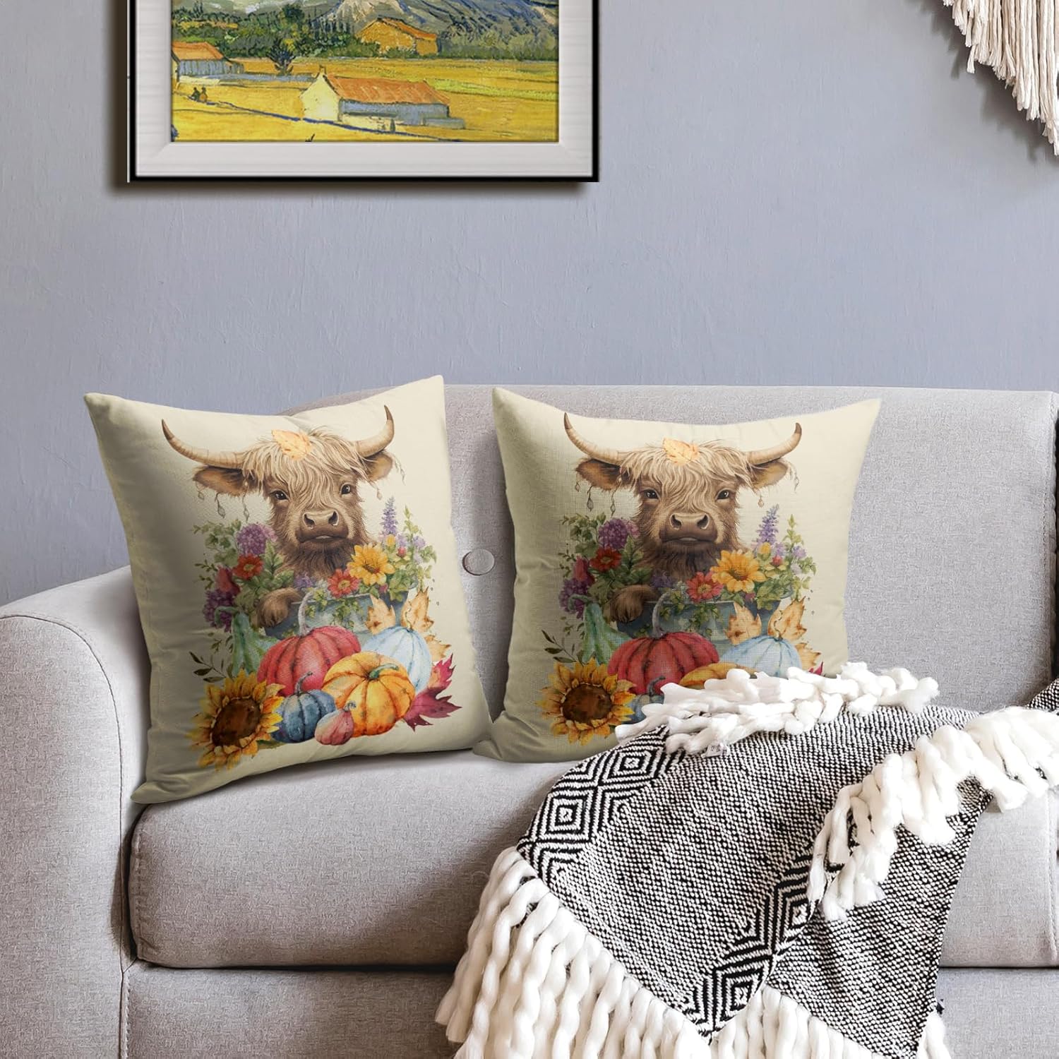 Juego de 2 fundas de almohada de otoño de 18 x 18 pulgadas, diseño colorido de calabaza, girasol, vaca, para exteriores, para Acción de Gracias,
