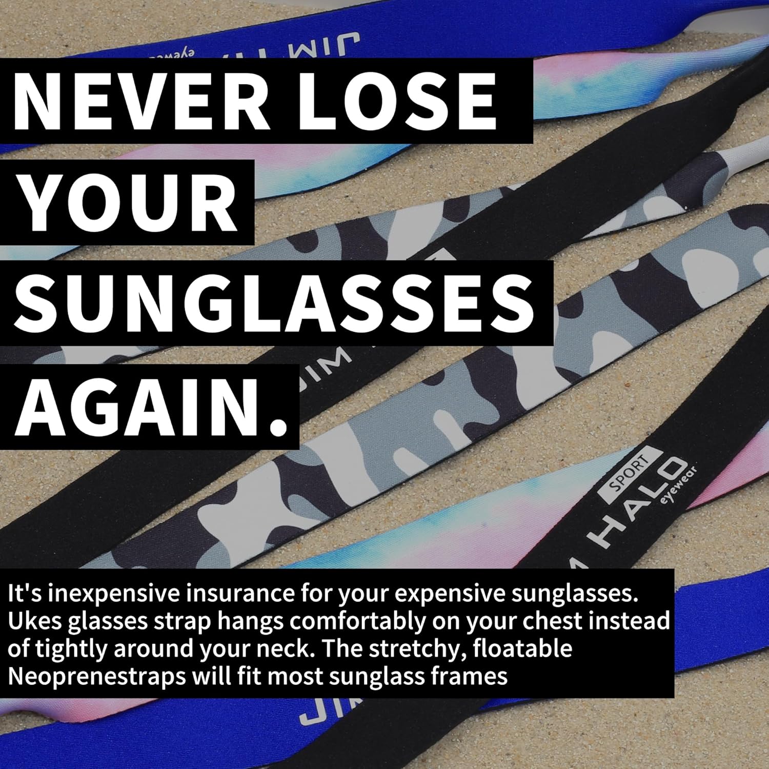 JIM HALO Paquete de 2 correas flotantes para lentes de sol  Retenedor clásico de neopreno deportivo  Asegura tus gafas y gafas