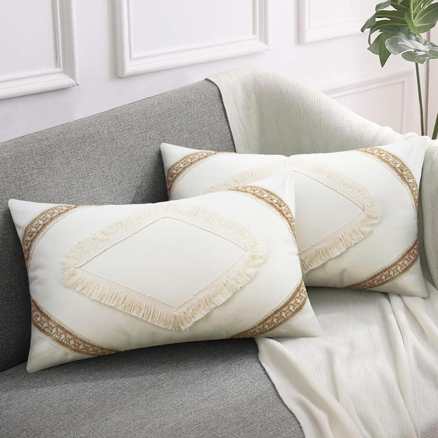 Merrycolor Juego de 2 fundas de almohada lumbar de lino con retazos bohemios de 12 x 20 pulgadas, fundas de almohada de lino de arpillera de granja,