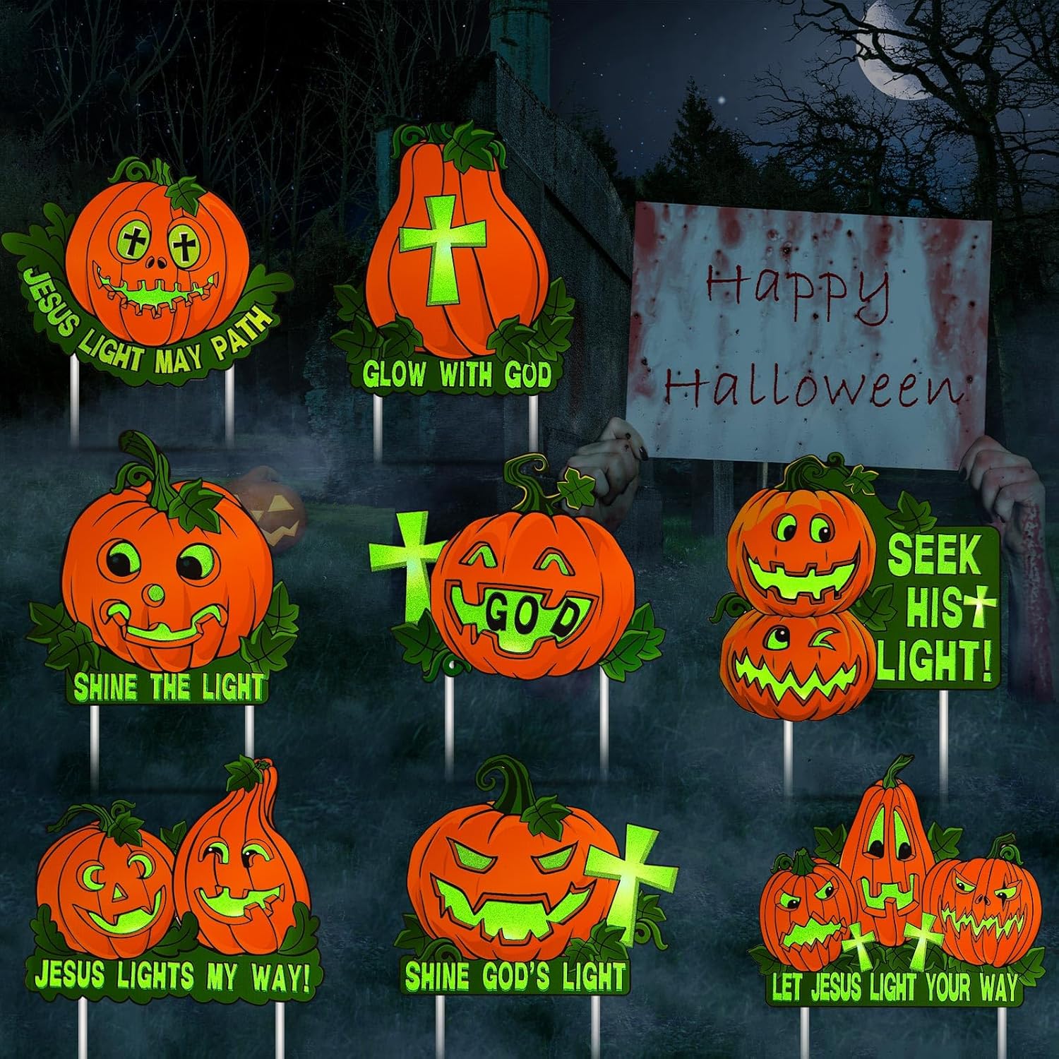 8 letreros luminosos de calabaza cristiana para jardín con estacas que brillan en la oscuridad para Halloween, espeluznante calabaza, césped,