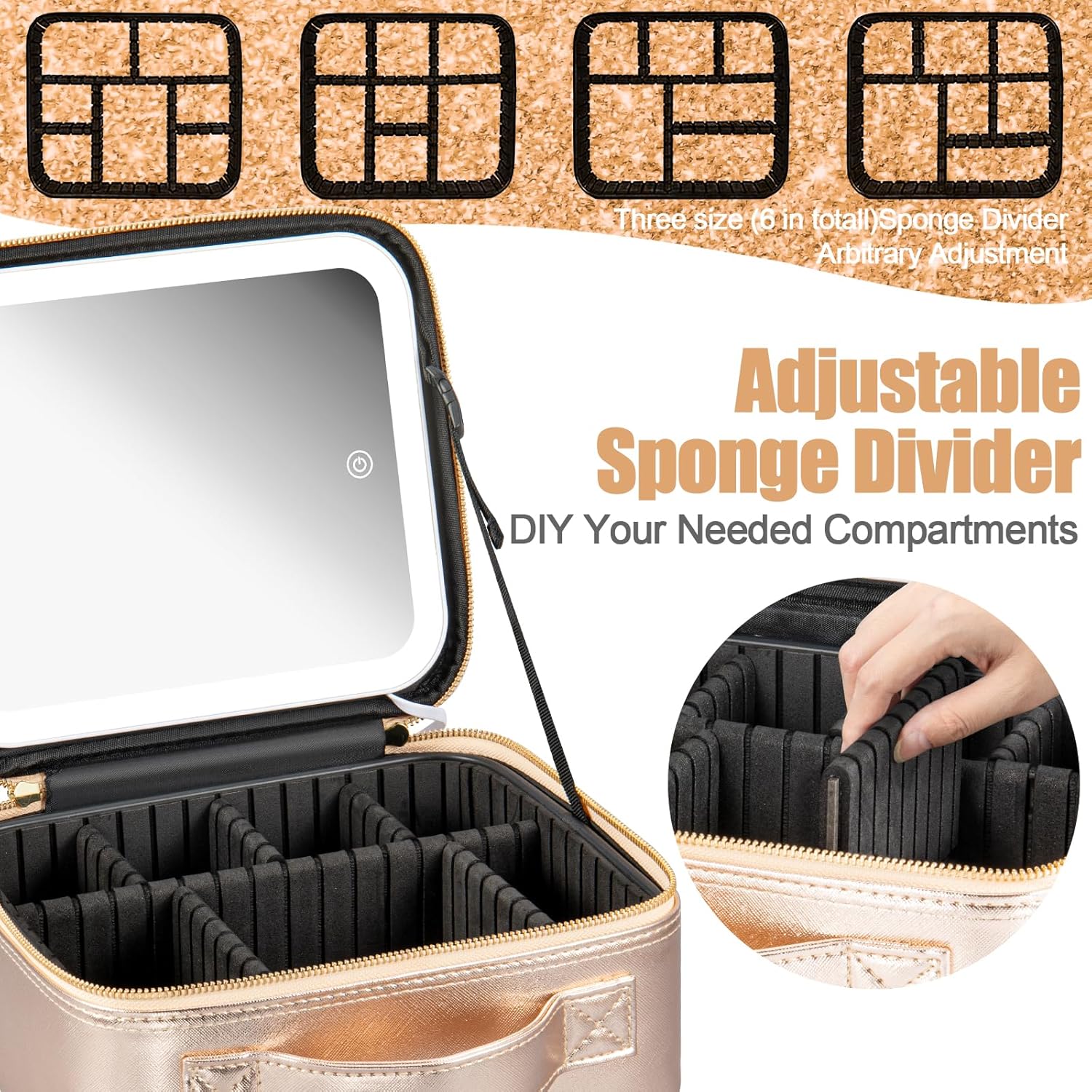 Bolsa de viaje de maquillaje con espejo iluminado LED, brillo ajustable, estuche de maquillaje portátil impermeable con divisores ajustables,