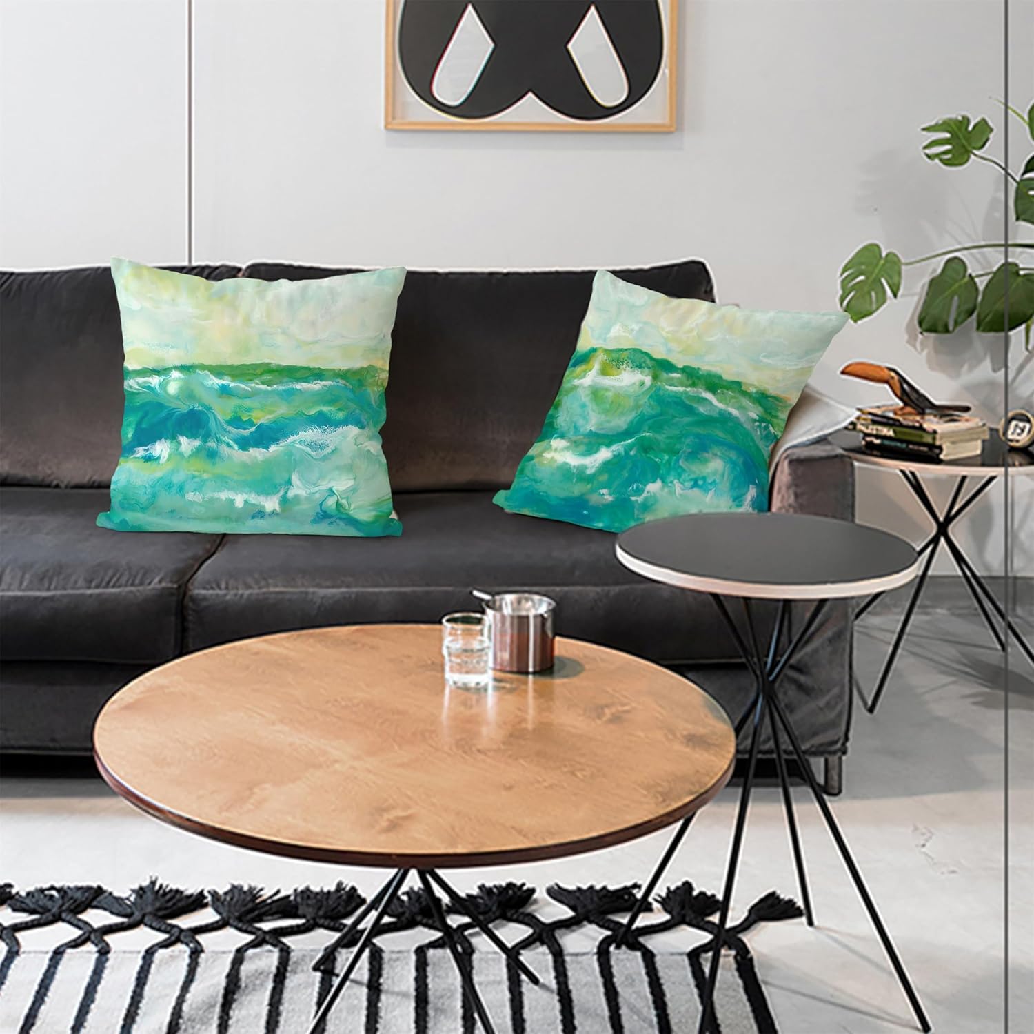 Juego de 2 fundas de almohada de terciopelo verde de 18 x 18 pulgadas, pintura de playa, fundas decorativas para sofá, fundas de almohada para