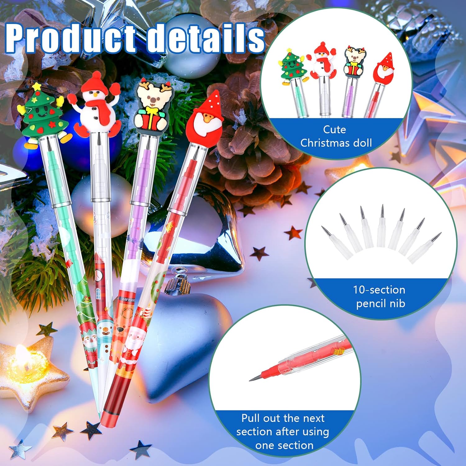Lápices apilables de Navidad de varios puntos, divertidos lápices con Papá Noel, árbol de Navidad, muñeco de nieve, reno, para escuela, oficina,