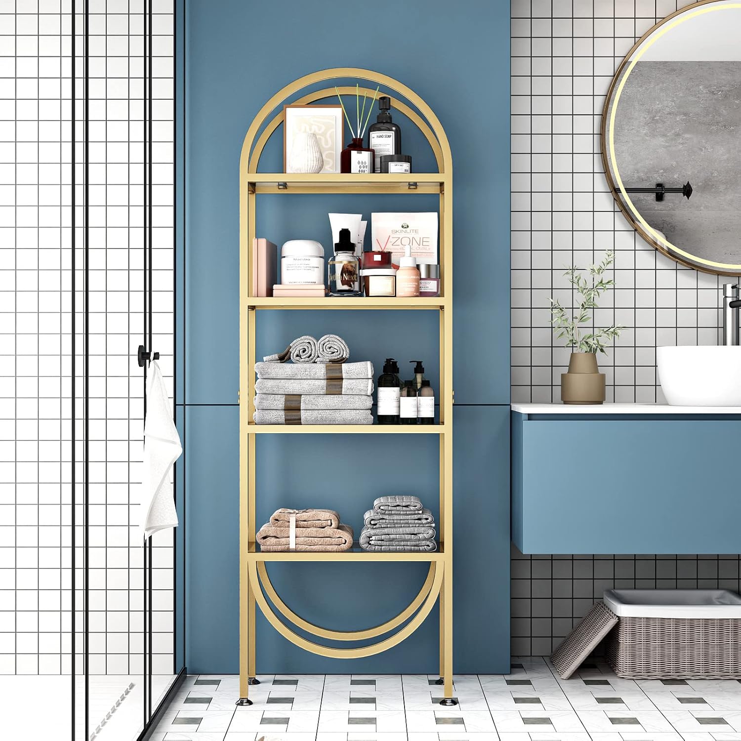 Freestanding Gold Bookshelves with Glass Shelves Storage, Modern Gold Bookcase with 4 Tier Glass Shelves, Gold Storage Organizer for Office, Living