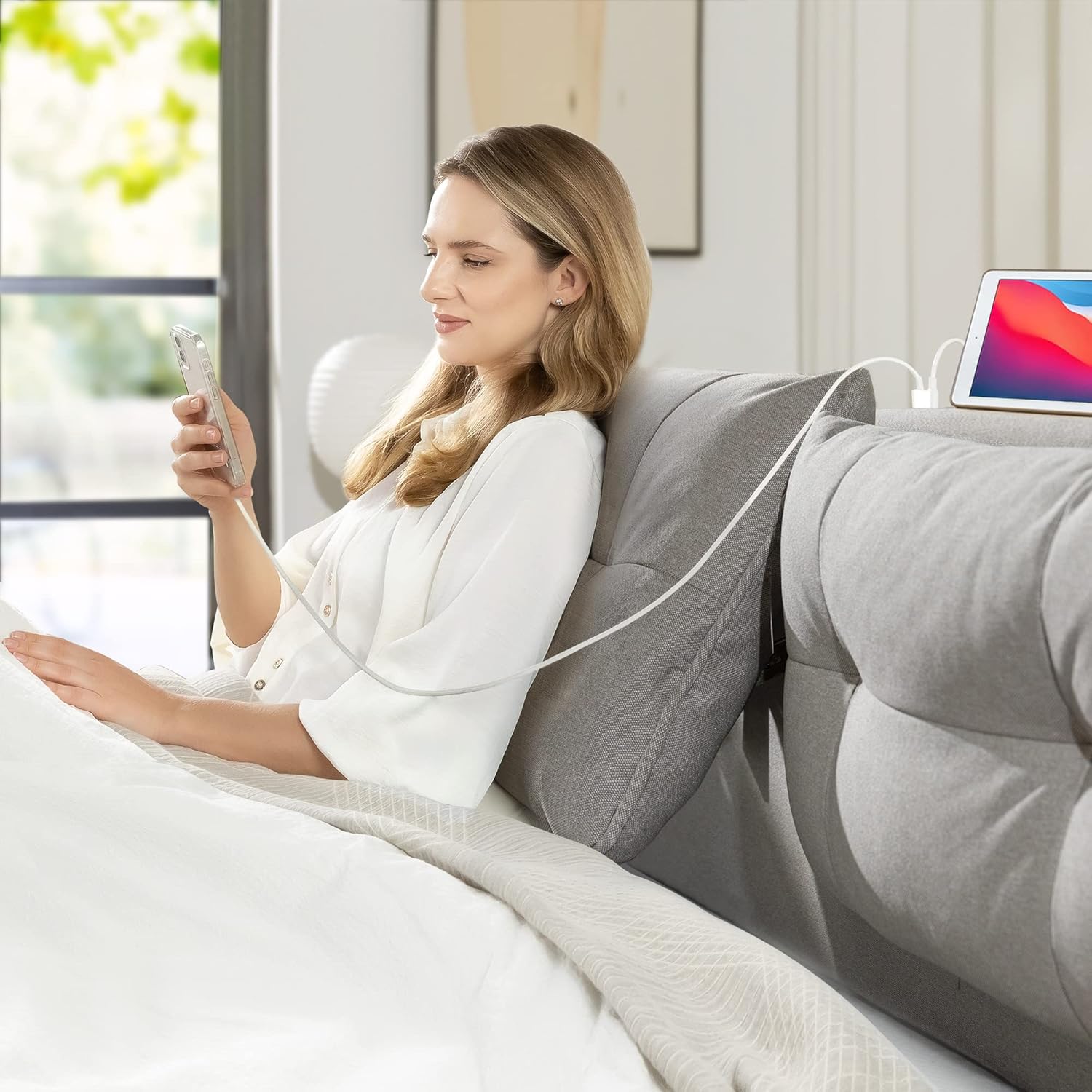 ZINUS Avery – Cama de plataforma con cabecero reclinable y puertos USB, no necesita somier, cabecero ajustable acolchado con altura personalizable,