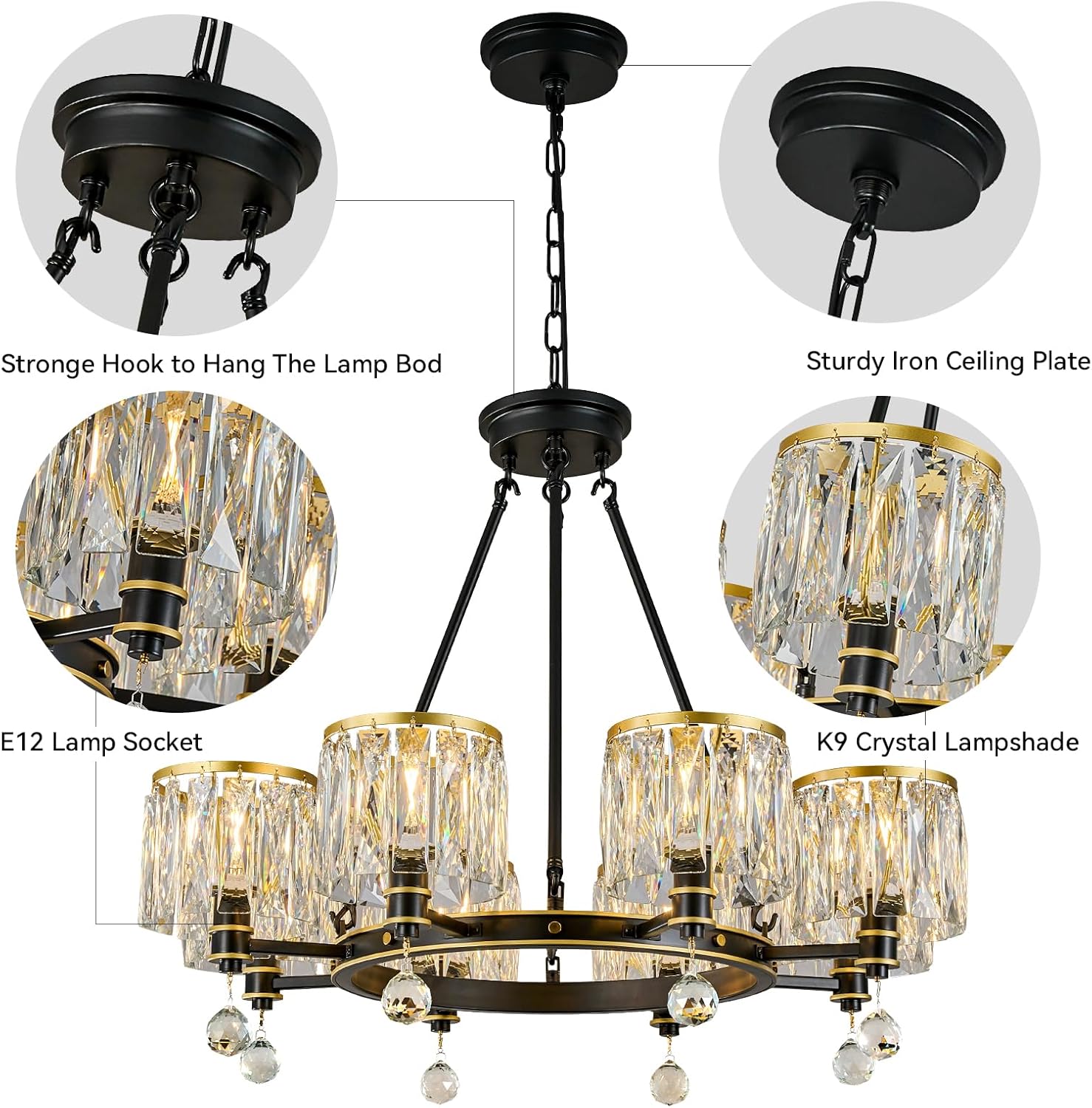 Lámpara de techo semiempotrada para comedor, lámpara de techo lndustrial, lámpara de cristal negro y dorado, lámpara colgante de hierro para sala de