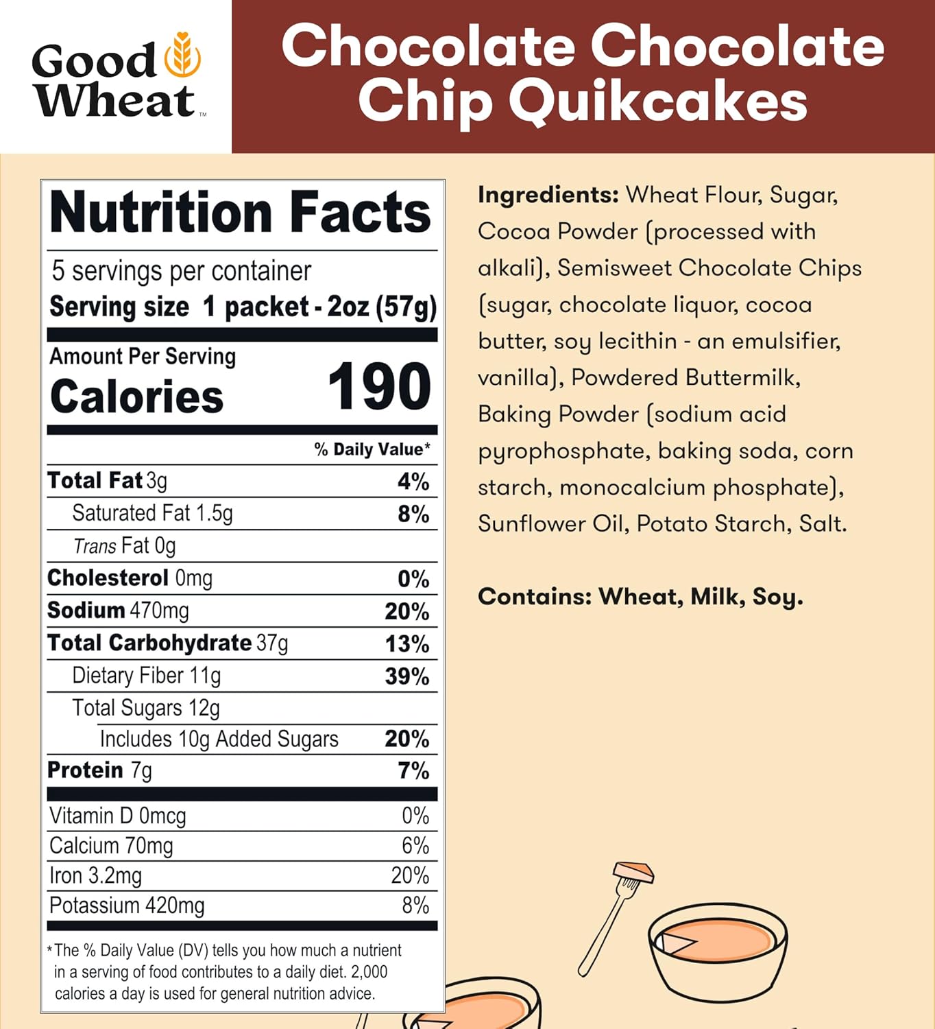 GoodWheat Panqueques instantáneos con chispas de chocolate  0.43 oz de fibra  0.27 oz de proteína  Mezcla para panqueques de una sola porción  Solo