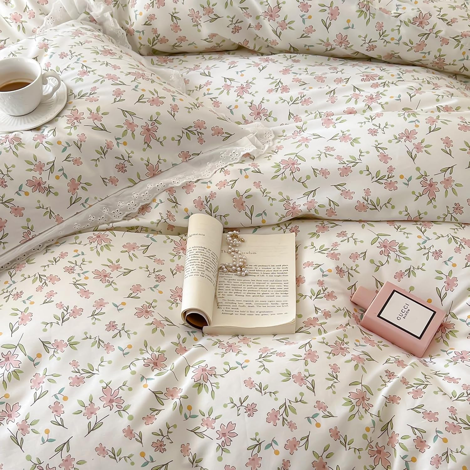 EAVD Juego de funda de edredón floral de algodón, tamaño Queen, niña, rosa, floral, con volantes, con 2 fundas de almohada, funda de edredón
