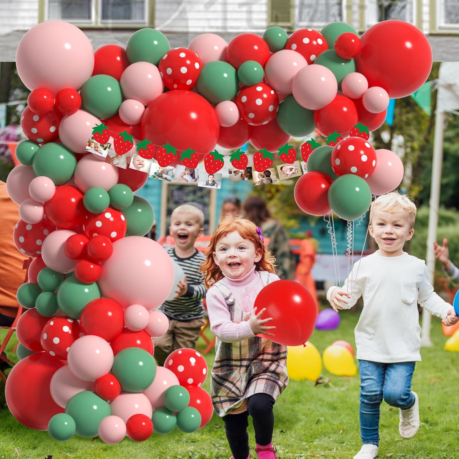 Kit de arco de globos de fresa, decoración de fiesta de cumpleaños con diseño de frutos rojos, rosa, salvia, verde, lunares, guirnalda de baby
