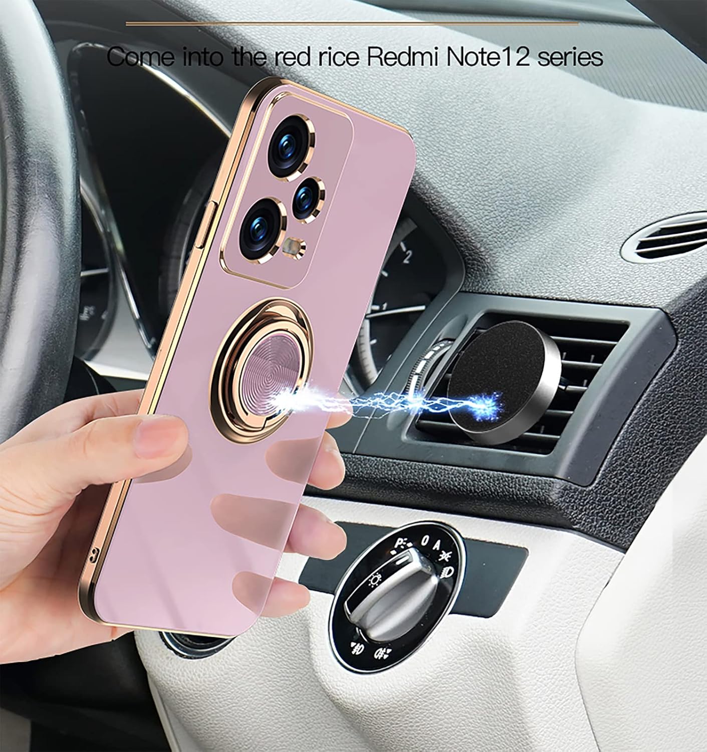 Redmi Note 12 Pro Funda con soporte de 360  Soporte magnético para automóvil tecnología de galvanoplastia Funda de protección delgada compatible con